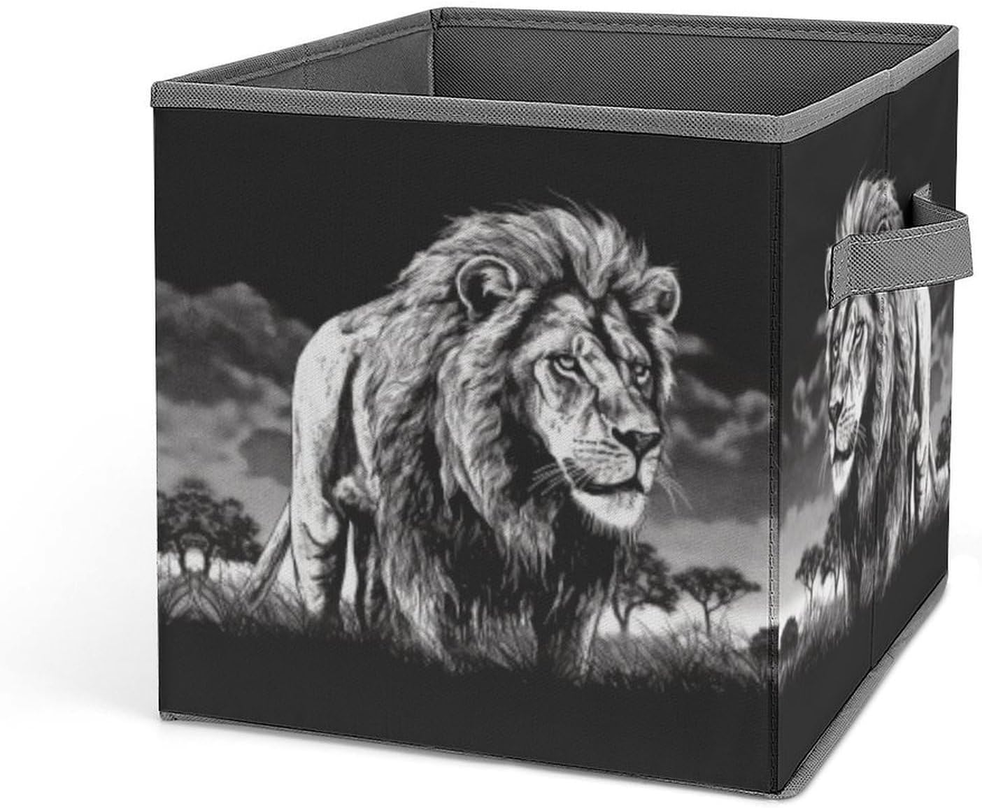Lion Black And White Illustration Storage Bins with Handles Fashion Large Storage Cubes Sturdy Foldable Storage Boxes Space-Saving Storage Baskets for Home Office Clothes Closet Organizers