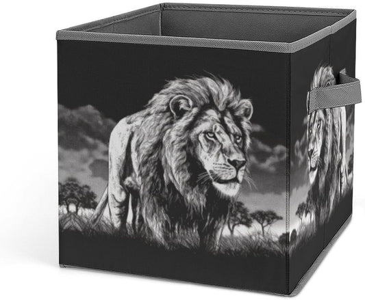 Lion Black And White Illustration Storage Bins with Handles Fashion Large Storage Cubes Sturdy Foldable Storage Boxes Space-Saving Storage Baskets for Home Office Clothes Closet Organizers