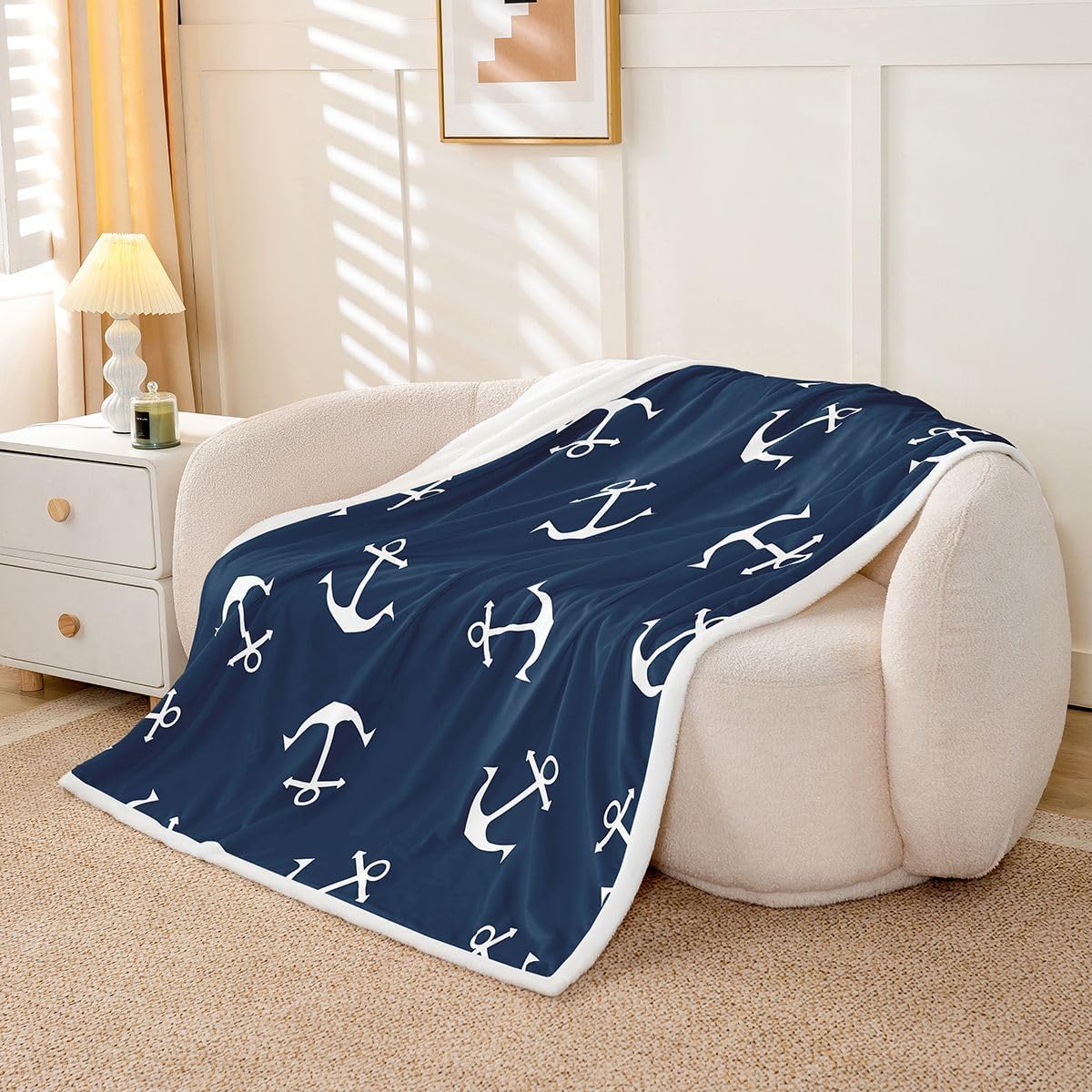 Feelyou Nautical Fuzzy Blanket Anchor Sherpa Throw Blanket Sea Adventure Fleece Throw Blanket Soft Warm Cozy Ocean Theme Plush Blanket Navy Blue 60"X80"