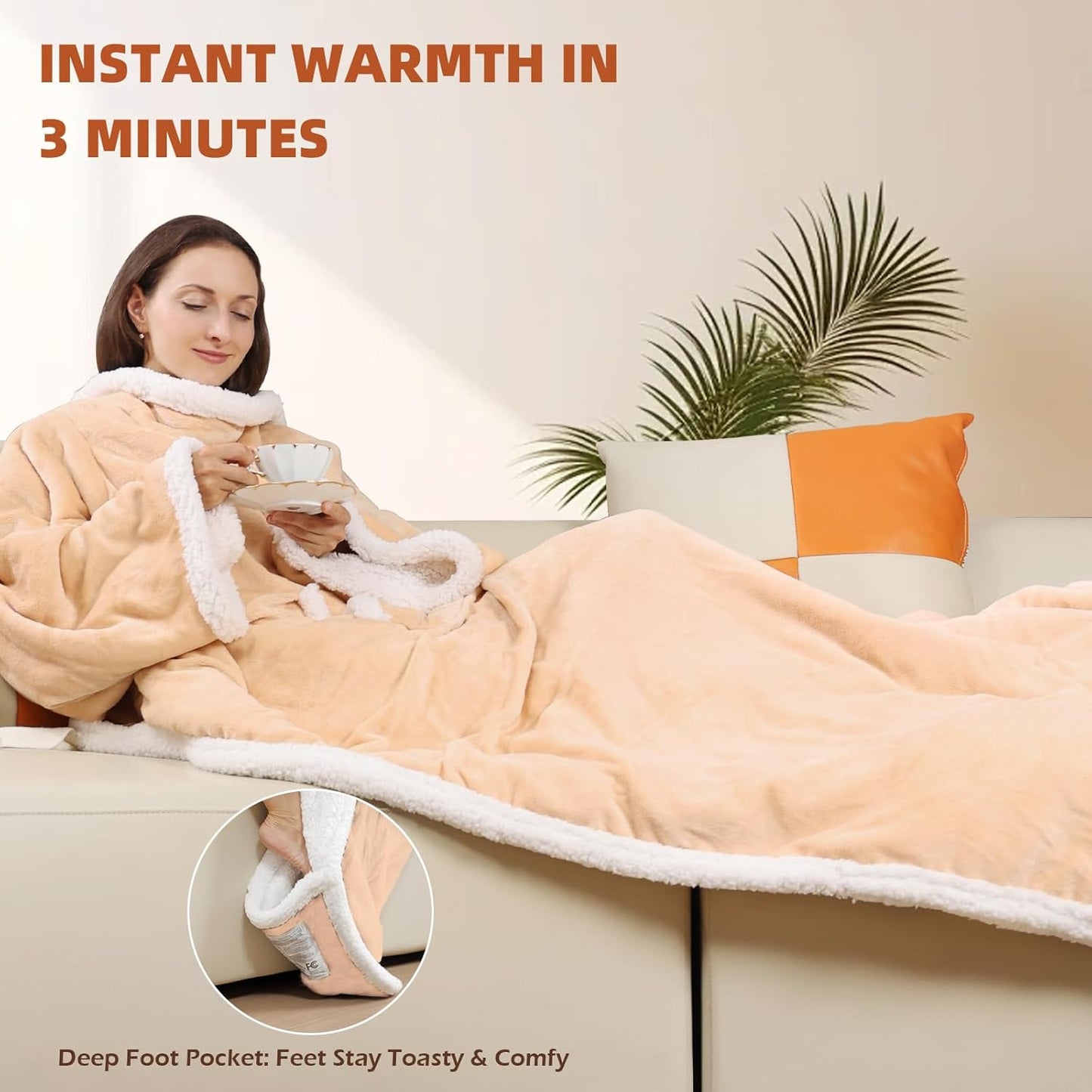 Butizone Heated Throw Blanket with Sleeves, Wearable Electric Blanket with Foot Pocket, 6 Adjustable Heat Settings, 70 * 50", Cozy Flannel and Sherpa, Beige