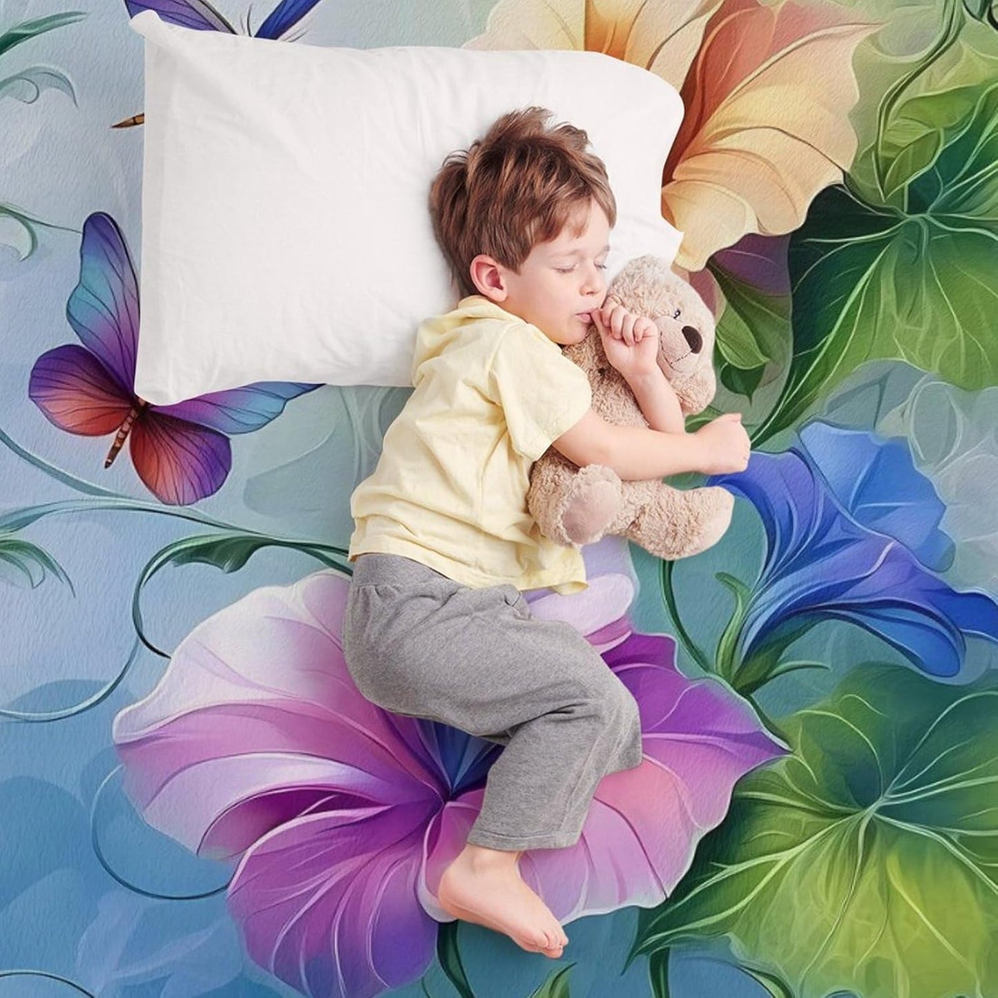 Dragonfly Cup Shaped Romantic Flowers Throw Blanket for Couch Bed Plush Cozy Fuzzy Flannel Blanket for All Season 55"x70"