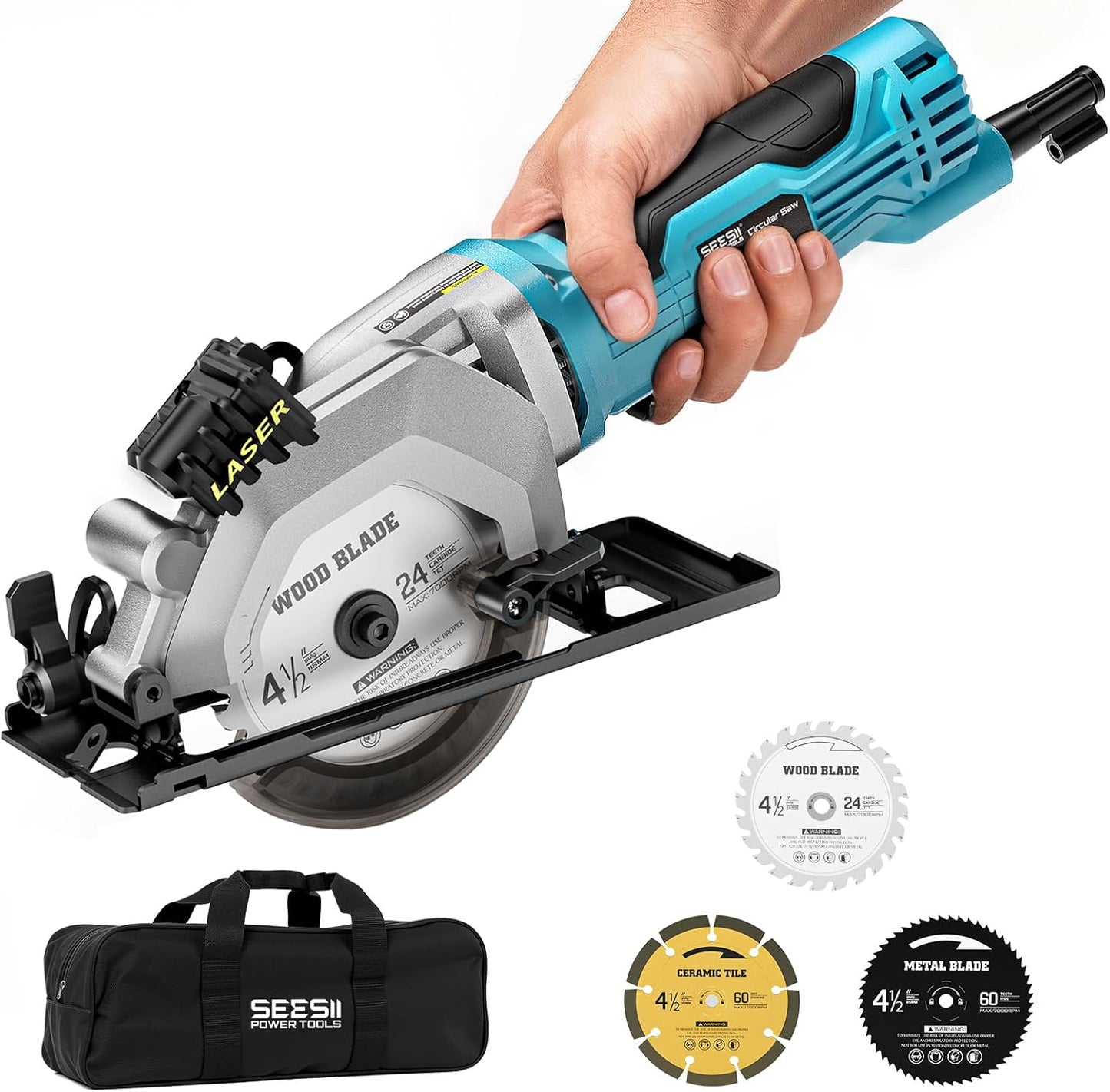 Seesii Mini Circular Saw with Laser Guide,4.8A 4000 RPM Compact Corded Circular Saw with Rip Guide,3 Blades (4-1/2") for Wood,Soft Metal,Tile,Plastic Cutting,Max Cut Depth 1-11/16"(90°),1-1/8" (45°)