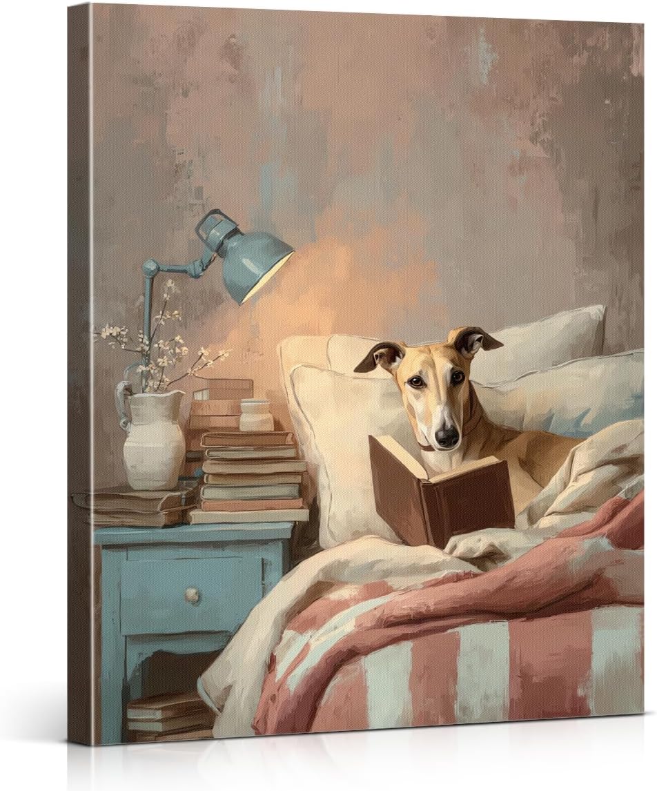 Greyhound Reading Wall Art Vintage Bookish Dog Canvas Print Poster Cozy Animal Wall Decor for Home Bedroom 8x10 Inch Framed
