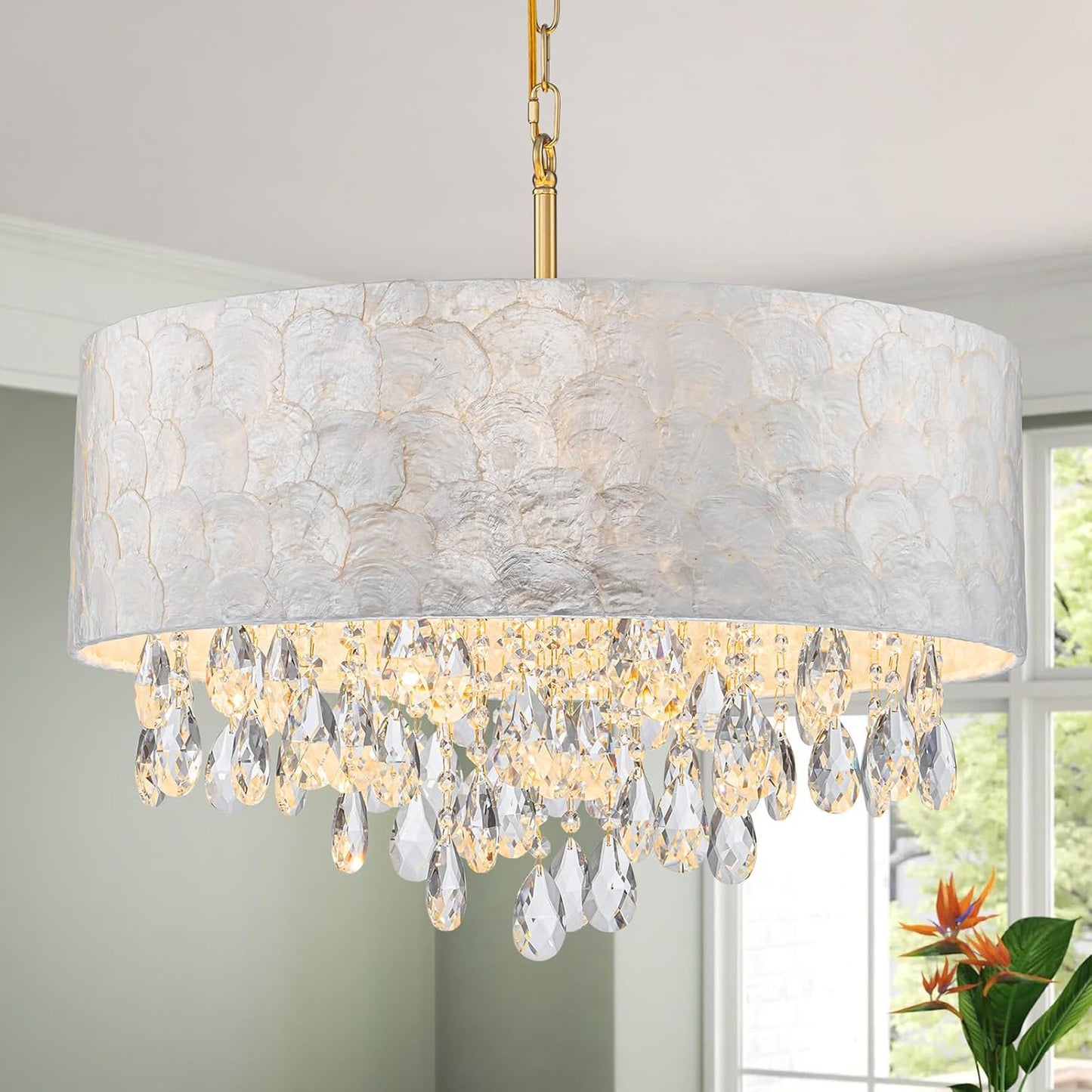 X-Large 6-Light Drum Capiz Shell Crystal Chandeliers, Coastal Style Pendant Light Fixture for Dining Room, Living Room, D24 x H23~71 inch(Adjustable), Shell Lampshade & Gold Finish