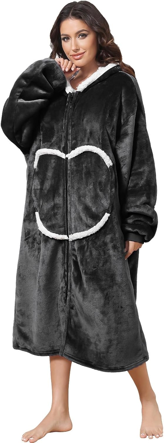 Oversized Wearab Blanket Hoodie, Cozy Flannel Blanket with Sleeves and Zipper for Women, Mens, Teens