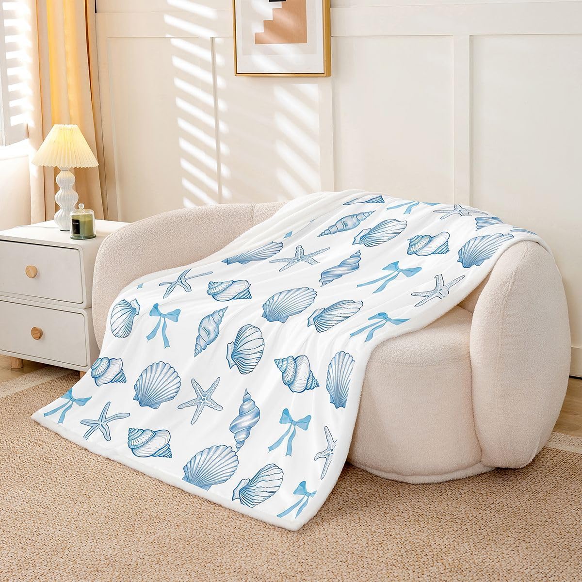 Feelyou Starfish Shell Sherpa Throw Blanket for Couch Coastal Sealife Super Soft Cozy Fleece Nautical Beach Blanket for Winter, Plush Throw Summer Ocean Baby 30"x40" All Season