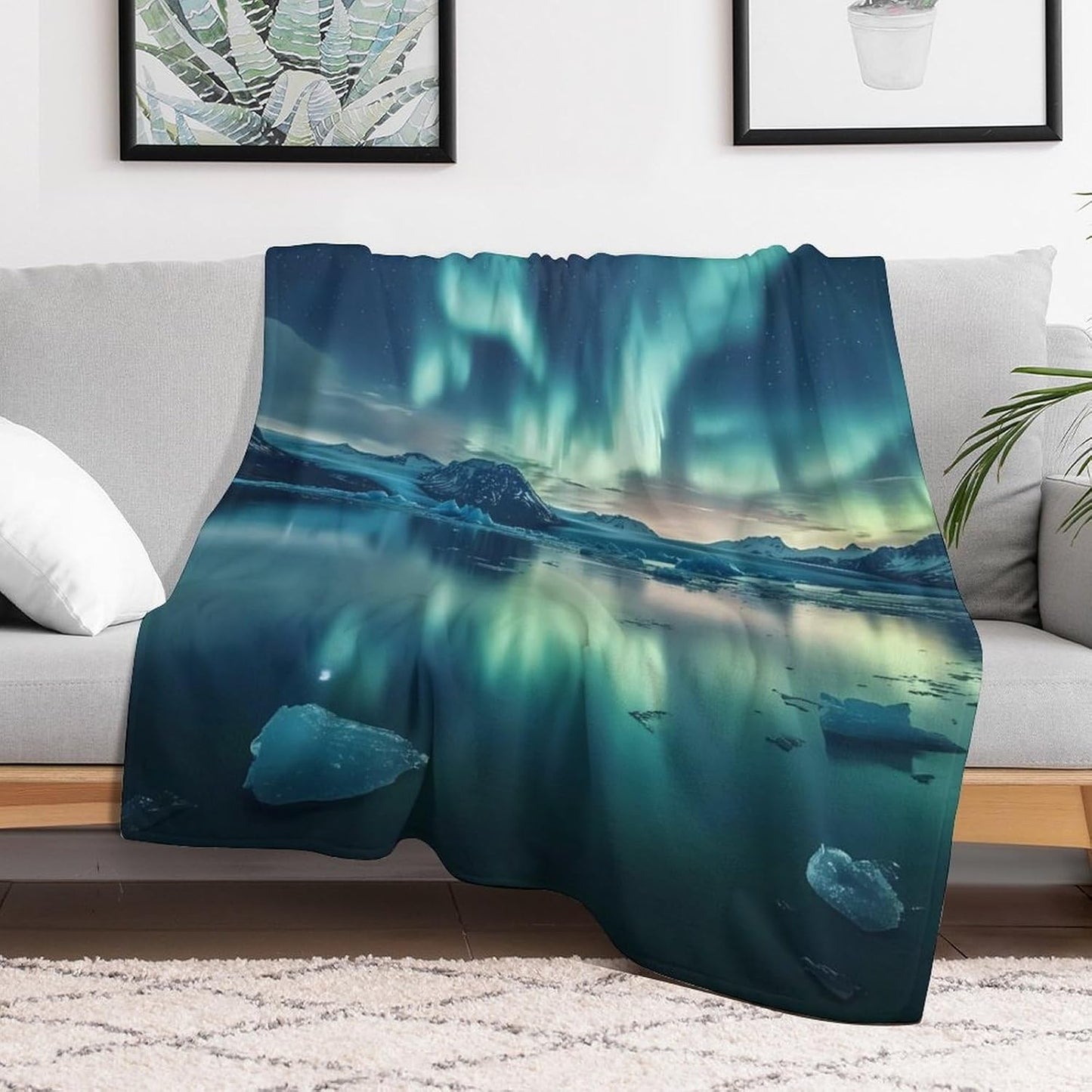 Iceland Northern Lights Throw Blanket for Couch Bed Plush Cozy Fuzzy Flannel Blanket for All Season 55"x70"