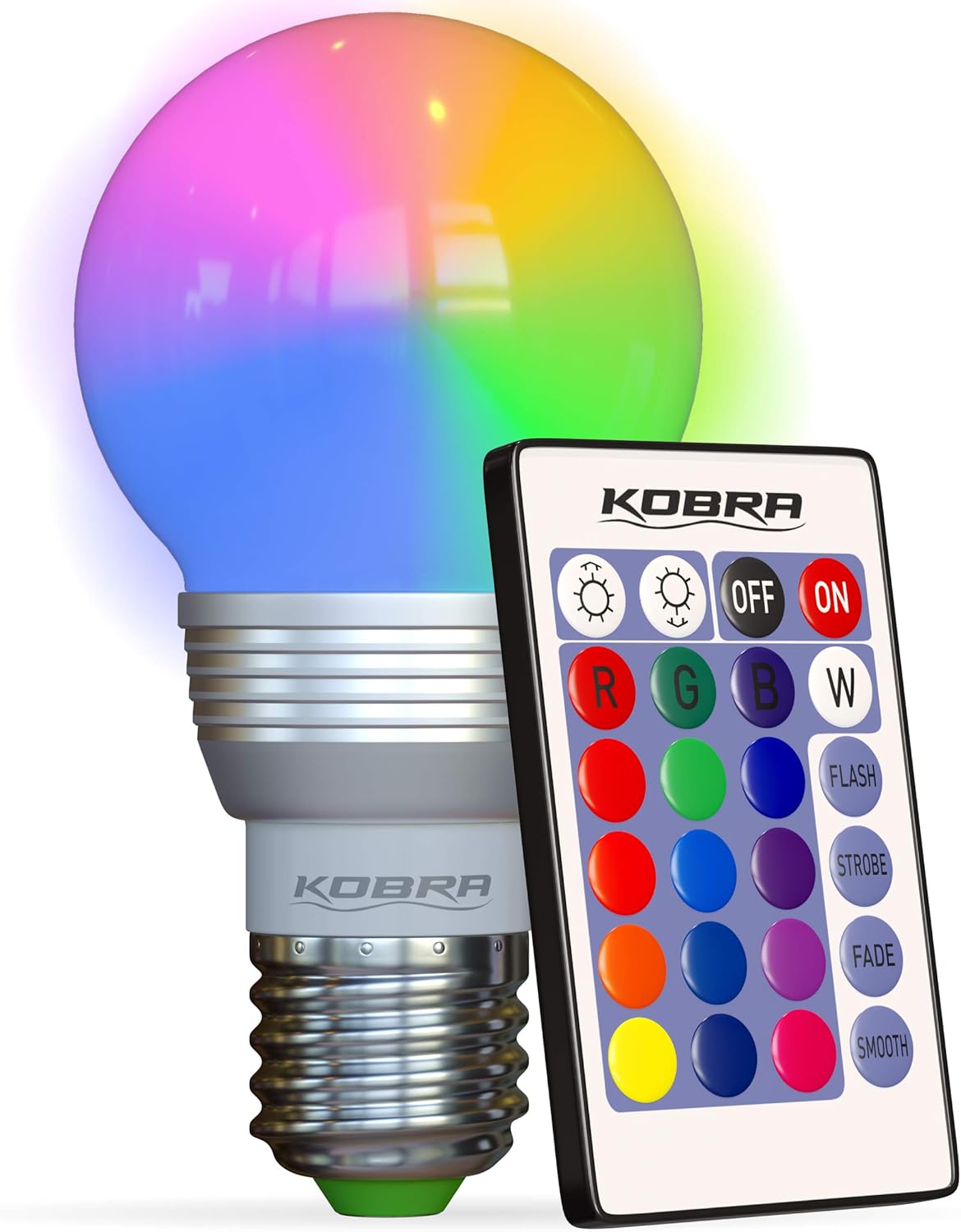 Kobra LED Color Changing Light Bulb with Remote Control - 16 Different Color Choices Smooth, Fade, Flash or Strobe Mode - Smart Remote Lightbulb -RGB & Multi Colored