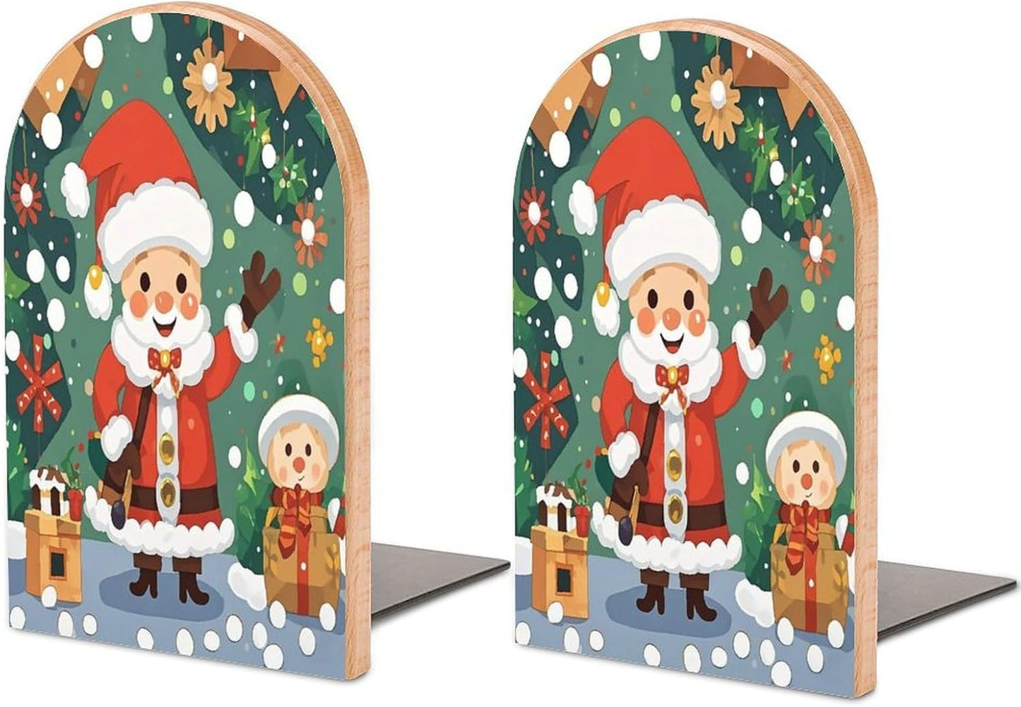 Christmas Spirit Bookends 1 Pair Heavy Duty Book Ends for Shelves Non-Skid Bookend Supports Wooden Book Holders with Metal Base Desk Organizers Books Storage to Hold Books