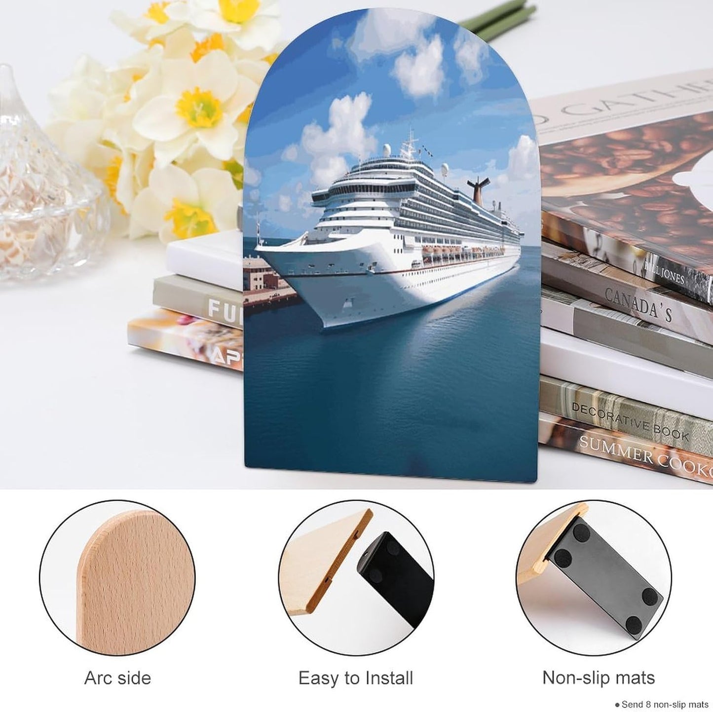 Non-Slip Bookend for Shelves Cruise Ships Wooden Bookends with Metal Base Decorative Book Stopper for Home Heavy Duty Wood Book Storage for Books/CDs