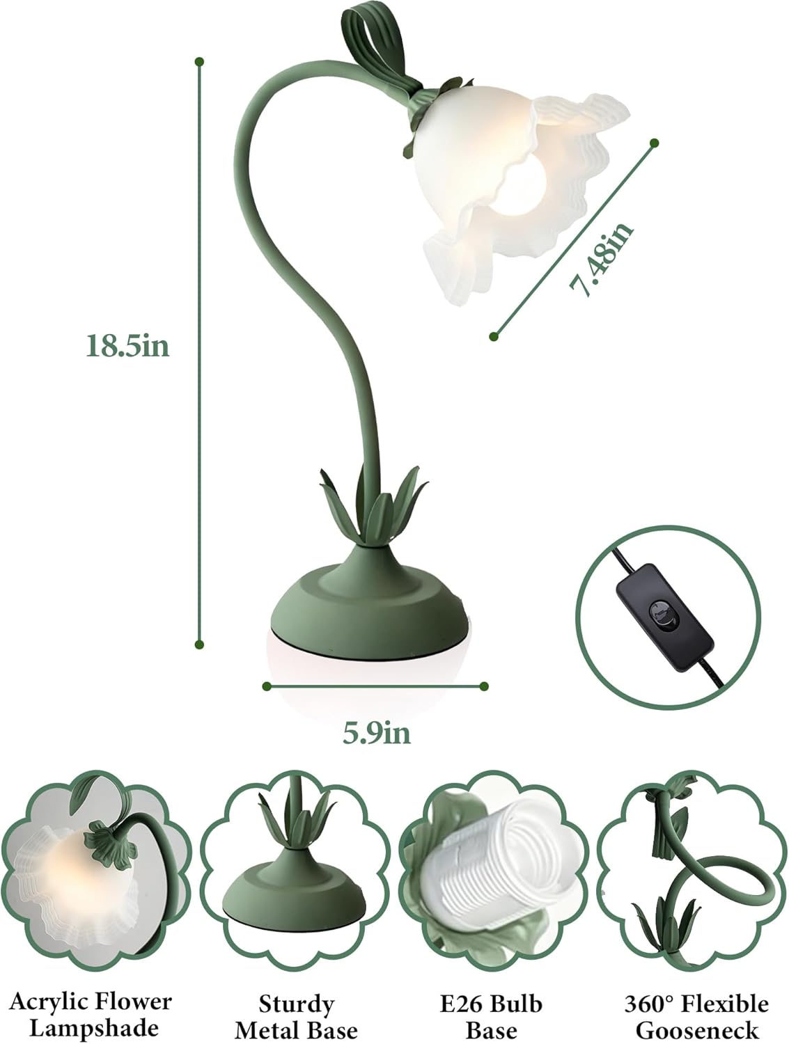 Flower Table Lamp, LED Reading Light Bedside Vintage Flower Desk Lamp, 3 Color Modes Kawaii Bedside Lamps, Nightstand Table Lamps for Living Room Office Bedroom Lighting Home Decor (Green)