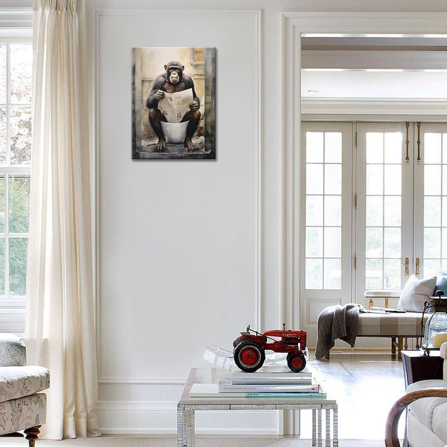 Chimpanzee Framed Wall Art Funny Monkey Reading Newspaper Print Animal Lover Black and WhiteDecor for Bedroom Bathroom Modern Home Office Decoration Framed Ready to Hang 12"x16"