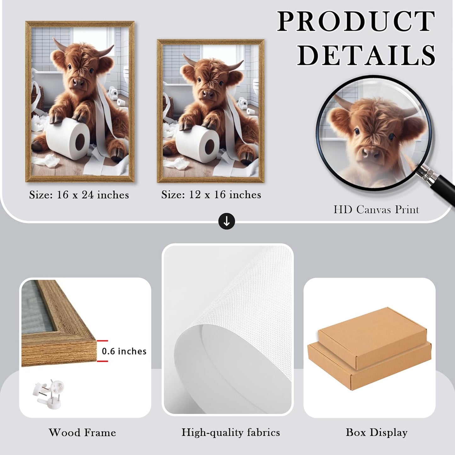 FYLDPSB 3Pcs Framed Little Highland Cow Bathroom Canvas Wall Art, Funny Signs Animal Wall Decor, Rustic Cute Poster Prints for Bathroom Restroom Decor 24''L x 16''W