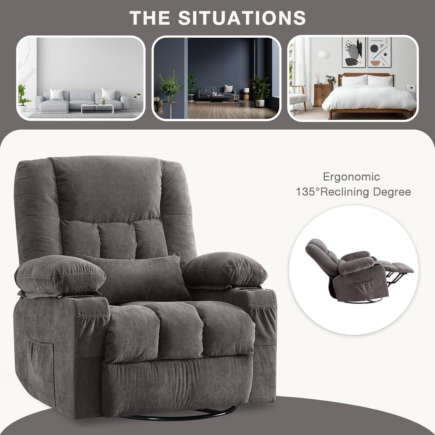 Massage Swivel Rocker Recliner Chair with Vibration and Heat Ergonomic Lounge Chairs Rocking Function and Side Pocket for Living Room Bedroom Meeting