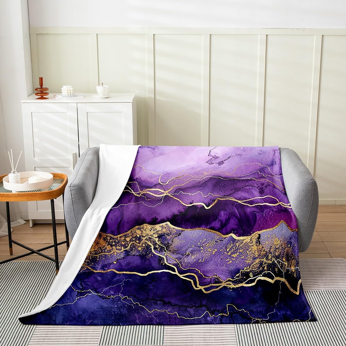 Feelyou Purple Gold Marble Fuzzy Blanket Queen 90"x90" Modern Marble Aesthetic Flannel Fleece Throw Blanket Retro Watercolor Artwork Design All Season Bed Blanket Abstract Plush Blanket