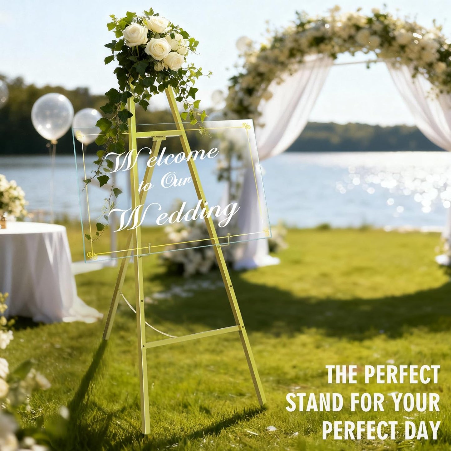 57" Heavy Duty Gold Easel Stand for Wedding Signs – Holds up to 50 lbs Metal Floor Easel for Welcome Sign, Seating Chart, Art & Mirrors – Quick 5-Min Assembly, Adjustable Display Stand