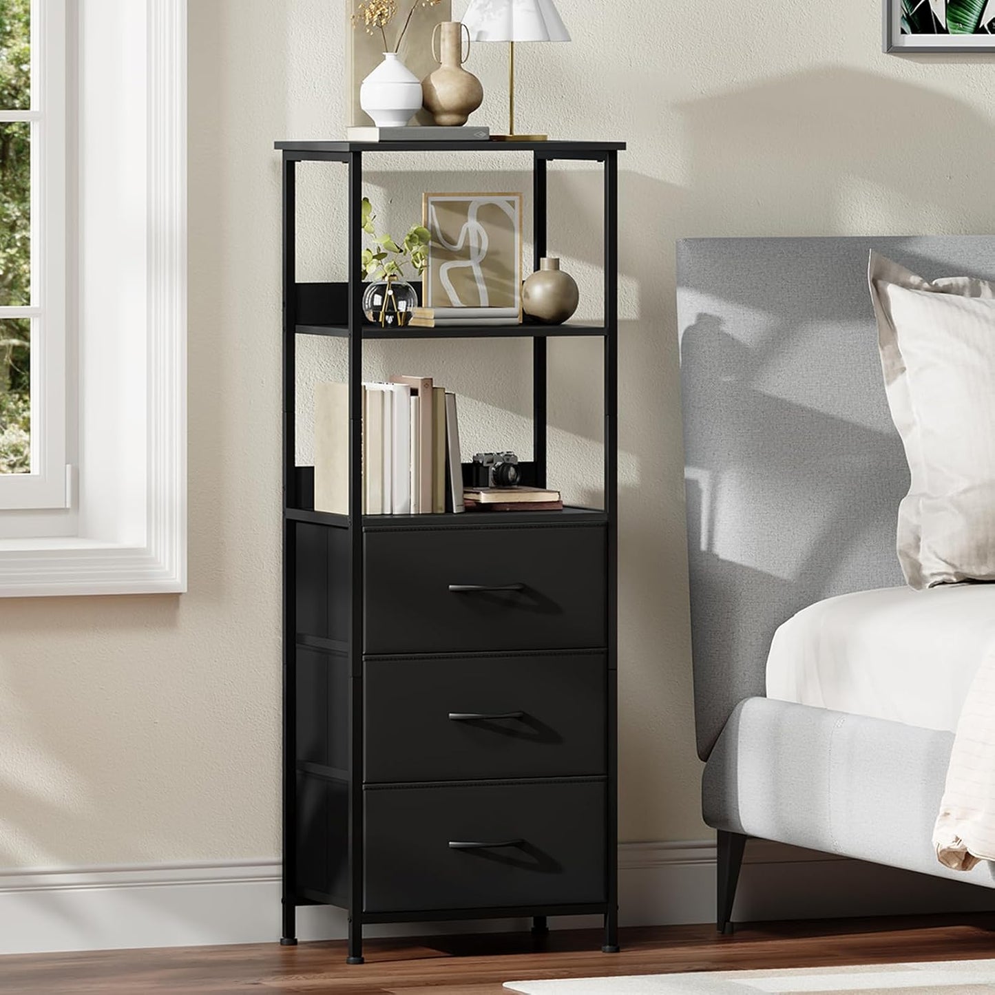 Somdot 5 Tier Bookshelf with Drawer, Tall Bookcase with Shelves, Bookshelf Desktop Organizer, Display Standing Shelf Units for Living Room, Bedroom, Study Room,Black