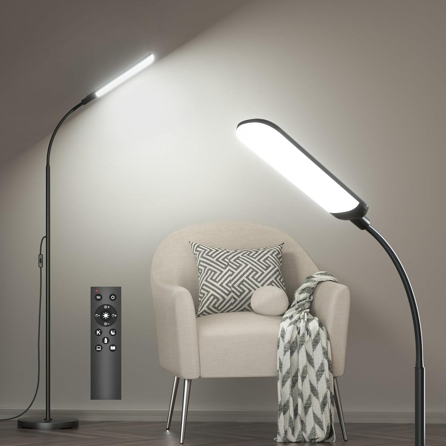 Floor Lamp, 18W Super Bright LED Floor Lamps for Living Room with Remote, Stepless Dimming Color Temperature & Brightness, Modern Adjustable Neck Standing Lamp Ideal for Bedroom, Office, Study