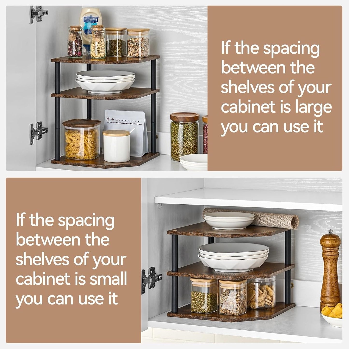 3-Tier Wood Corner Shelf, Cabinet Plate Dish Pantry Organizer Table Shelves Countertop Bookshelf Decor for Kitchen Bathroom Bedroom Home Set of 2