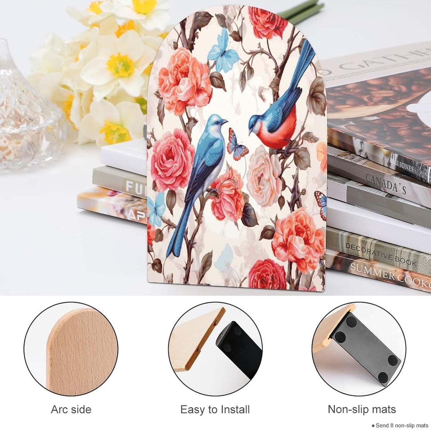 Romantic Fancy Floral Birds Butterfly Wooden Bookend Non-Slip Book Ends Heavy Duty Book Stopper with Metal Base Books Holderd Decorative Bookends Stands Firmly for Office Supplies