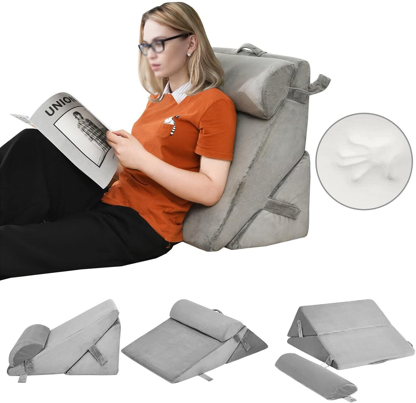 Bed Wedge Pillow Adjustable Neck Back Support Memory Foam Headrest Grey
