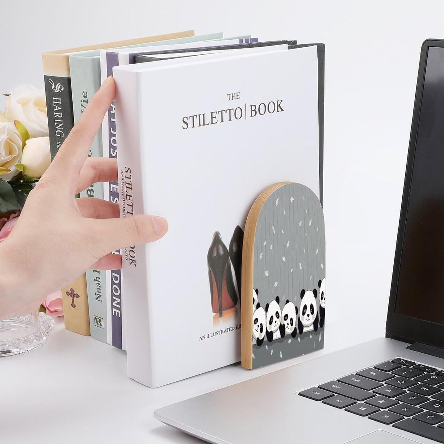 Funny Baby Panda Bookends 1 Pair Heavy Duty Book Ends for Shelves Non-Skid Bookend Supports Wooden Book Holders with Metal Base Desk Organizers Books Storage to Hold Books