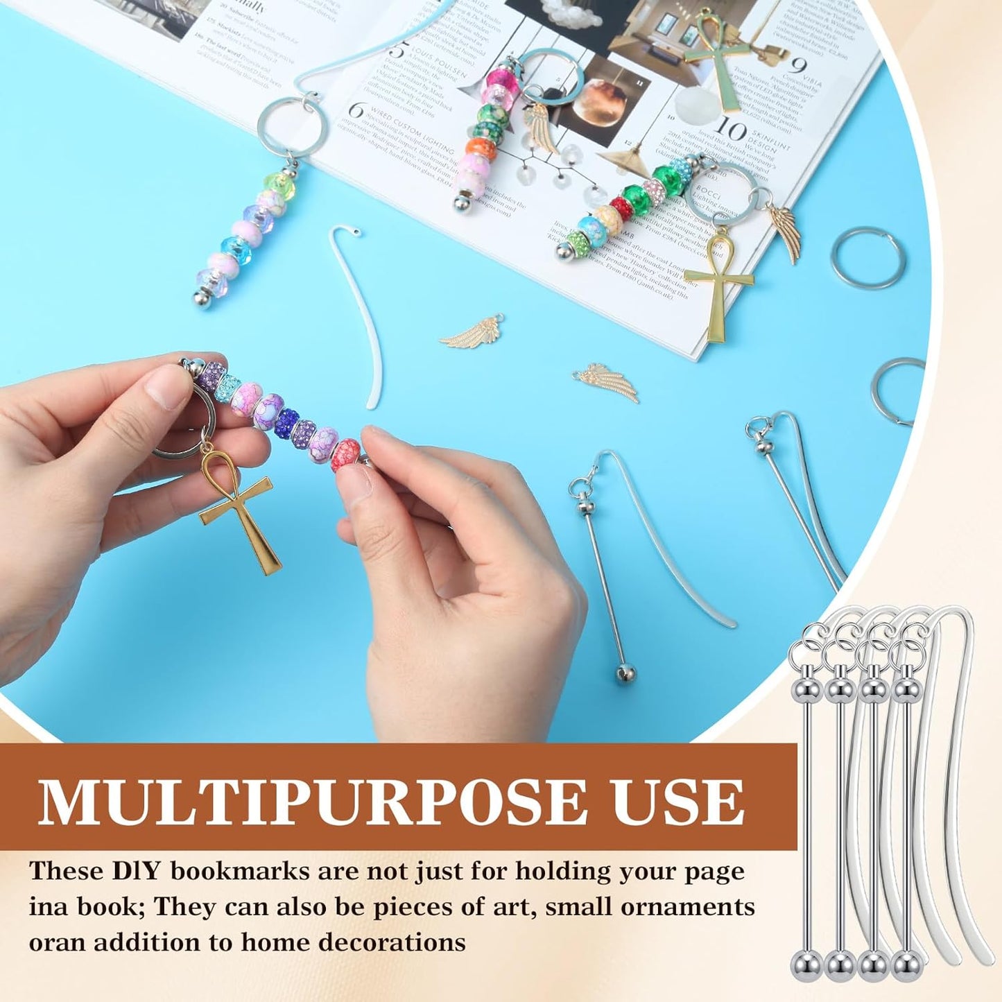 10 Pcs Beadable Bookmark Making kit Blanks DIY Metal Bookmarks with 5 Gold Cross & 5 Gold Wing Charms, Beaded Craft Jewelry Making Kit for Book Lovers, Includes Storage Box