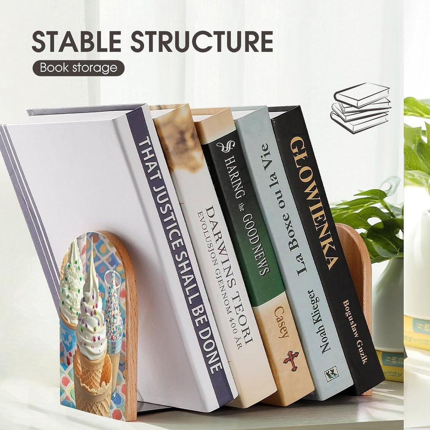 Sweet Ice Cream Bookends 1 Pair Heavy Duty Book Ends for Shelves Non-Skid Bookend Supports Wooden Book Holders with Metal Base Desk Organizers Books Storage to Hold Books