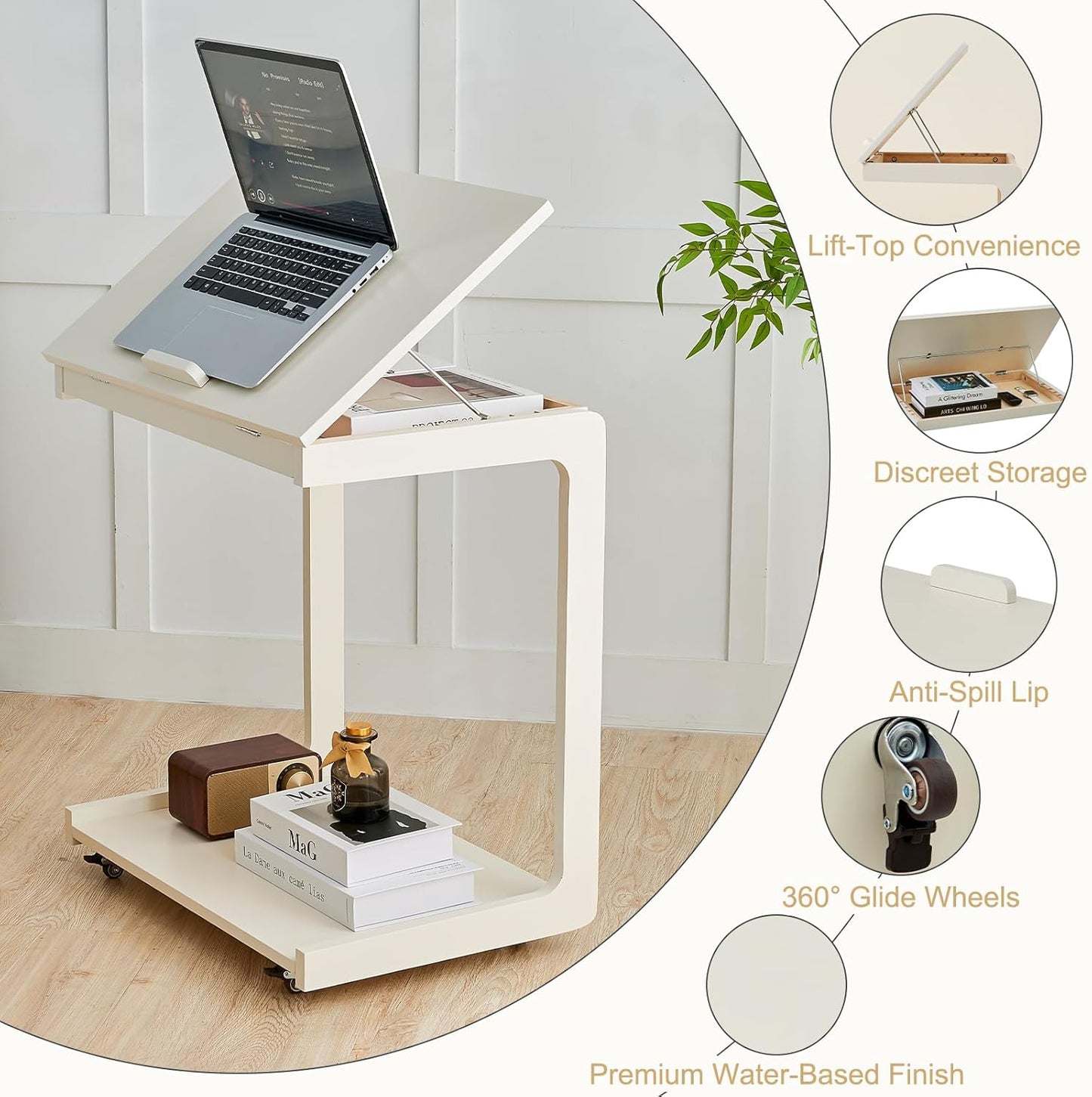 C-Shaped End Table with Wheels - Rolling Side Table for Couch, Solid Wood Modern Adjustable Angles Tv Tray Sofa Tables for Living Room, Bedroom, Home Office, White, 15.4"D x 23.6"W x 24.8"H