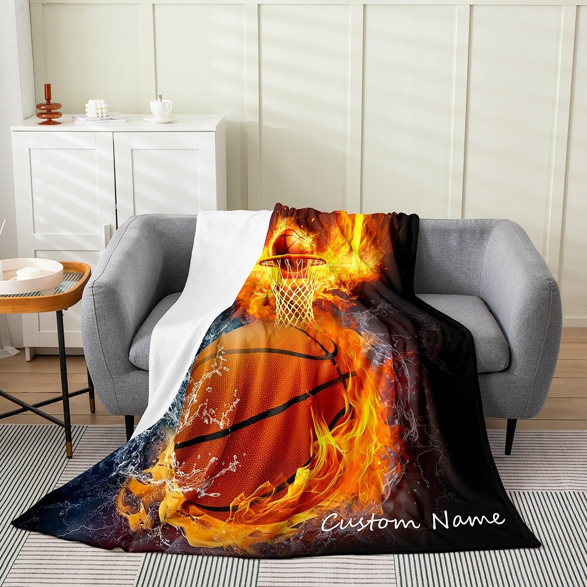 Erosebridal Basketball Blanket Throw with Custom Name,Basketball Throw Blanket for Boys,Ice Fire Red Frame Sports Fleece Blanket for Teens Youth,Fire Court Flannel Blanket Living Room Decor