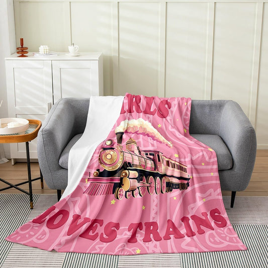 Feelyou Girls Pink Vintage Train Fleece Throw Blanket Baby 30"x40" Retro Steam Engine Flannel Blanket Plush Fuzzy Kids Railway Track Vehicle Locomotive Transport for Bed Couch Chair Living Room