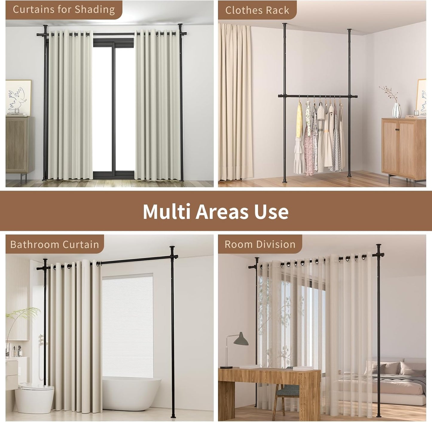 Room Divider Curtain Rod, No Drilling Room Separator for Space Partition Adjustable 4-10ft(H) 28-70inch(W) Heavy Duty Temporary Wall Divider Floor to Ceiling Tension Rod, Black