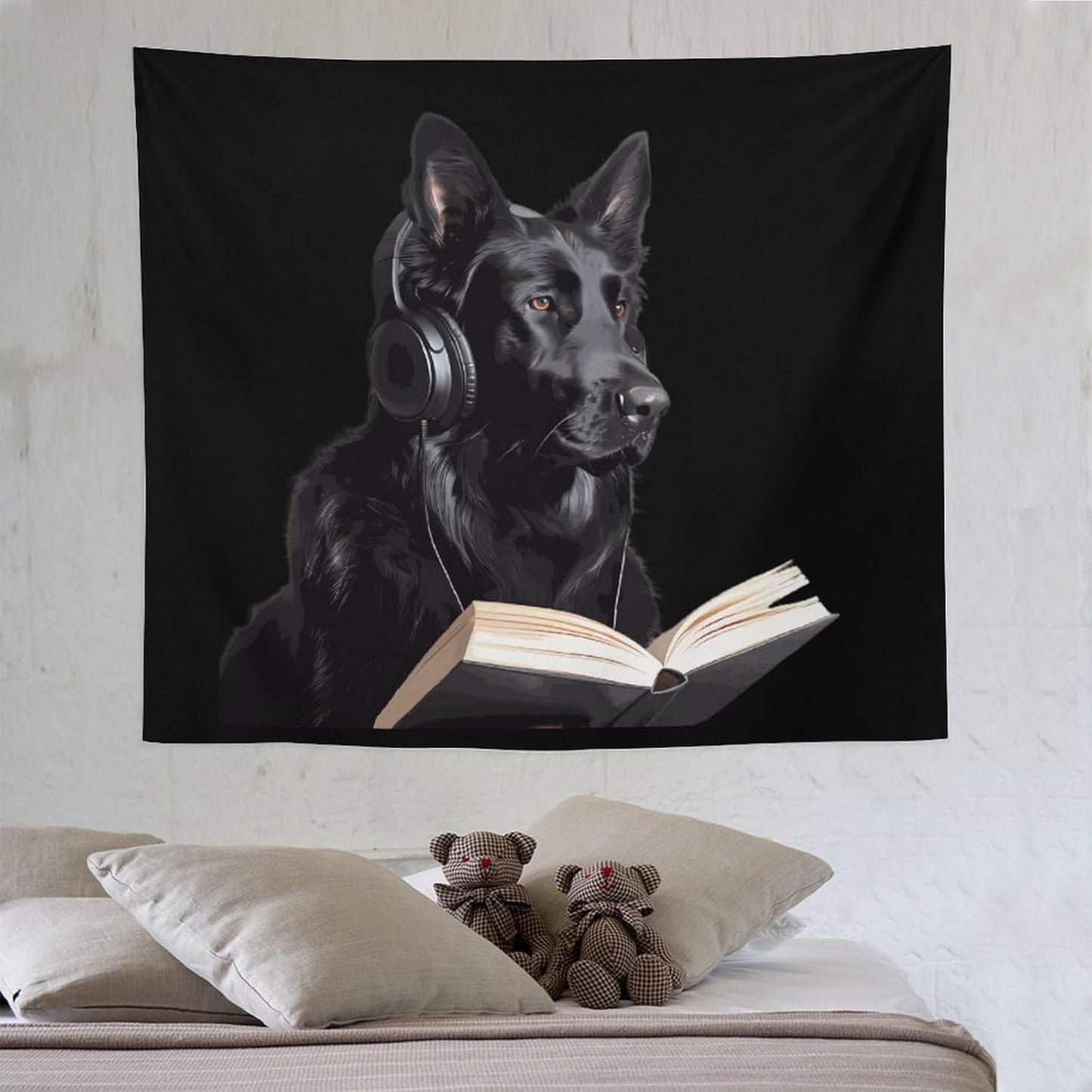 German Shepherd Wearing Headphones Reading Tapestry Photography Backdrop Wall Hanging Aesthetic Blanket Living Room Bedroom Decor Picnic Beach Mat