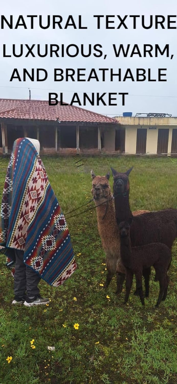Alpaca Wool Blanket, King Size 100 x 83, Reversible 2 in 1, Thick and Ultra Soft, Hypoallergenic, Non-Itchy, Handmade in Ecuador. Premium Alpaca Wool Throw Blanket for Cozy Comfort (Turquoise)