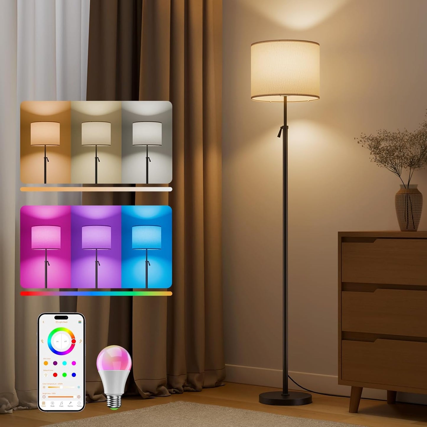 Smart Floor Lamp, Adjustable Height Standing Light with RGBCW Color Changing Bulb, Compatible with Alexa, Siri, Voice & App Control, Tall Lamp for Living Room, Bedroom, Office, Corner, Black
