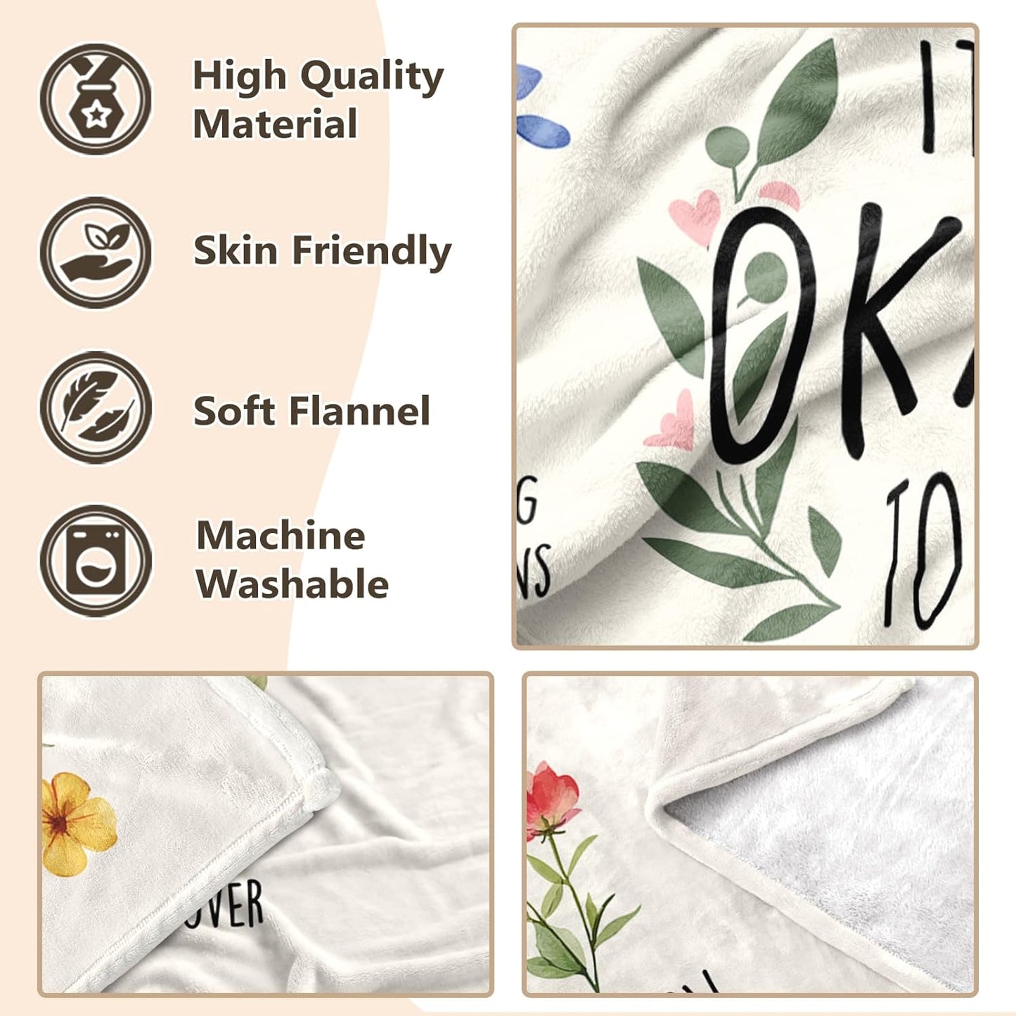 Inspirational Birthday Gifts for Women, Encouragement Gifts for women, Stress Relief, Mental Health, Christian Motivational Gift for Her Female, Positive Affirmation Blanket with Flowers 50'' x 60''