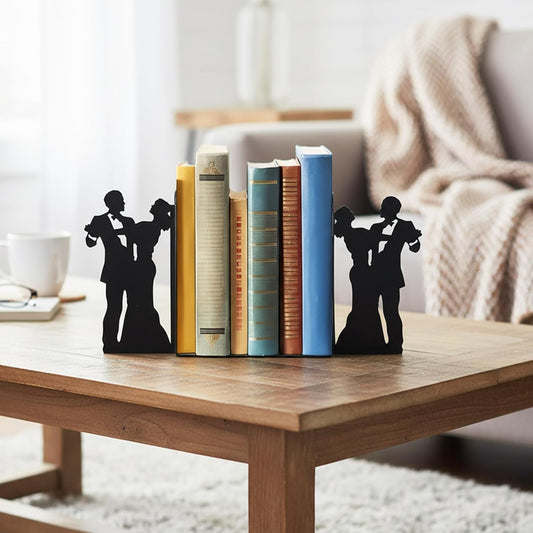 Modern Social Dance Metal Bookends for Shelves Decorative, Black Book Ends Nonskid Reading Stand Holder Home Decor Aesthetic for Office, Set of 2