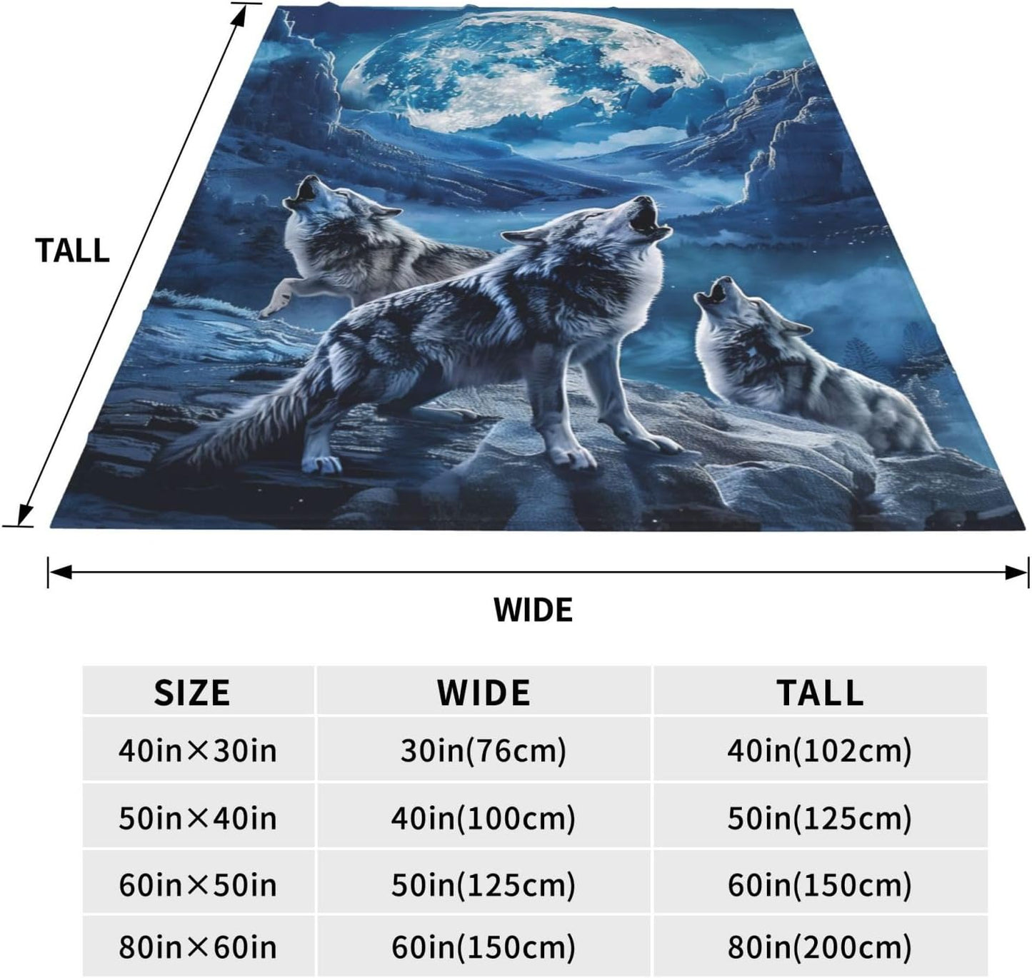 Howling Wolf Blanket Gifts for Adults Kids, Flannel Moon Wolf Pattern Throw Blankets for Bed Living Room Sofa Couch Traveling Camping, Soft Warm Lightweight Plush Wolf Decor 50x60in