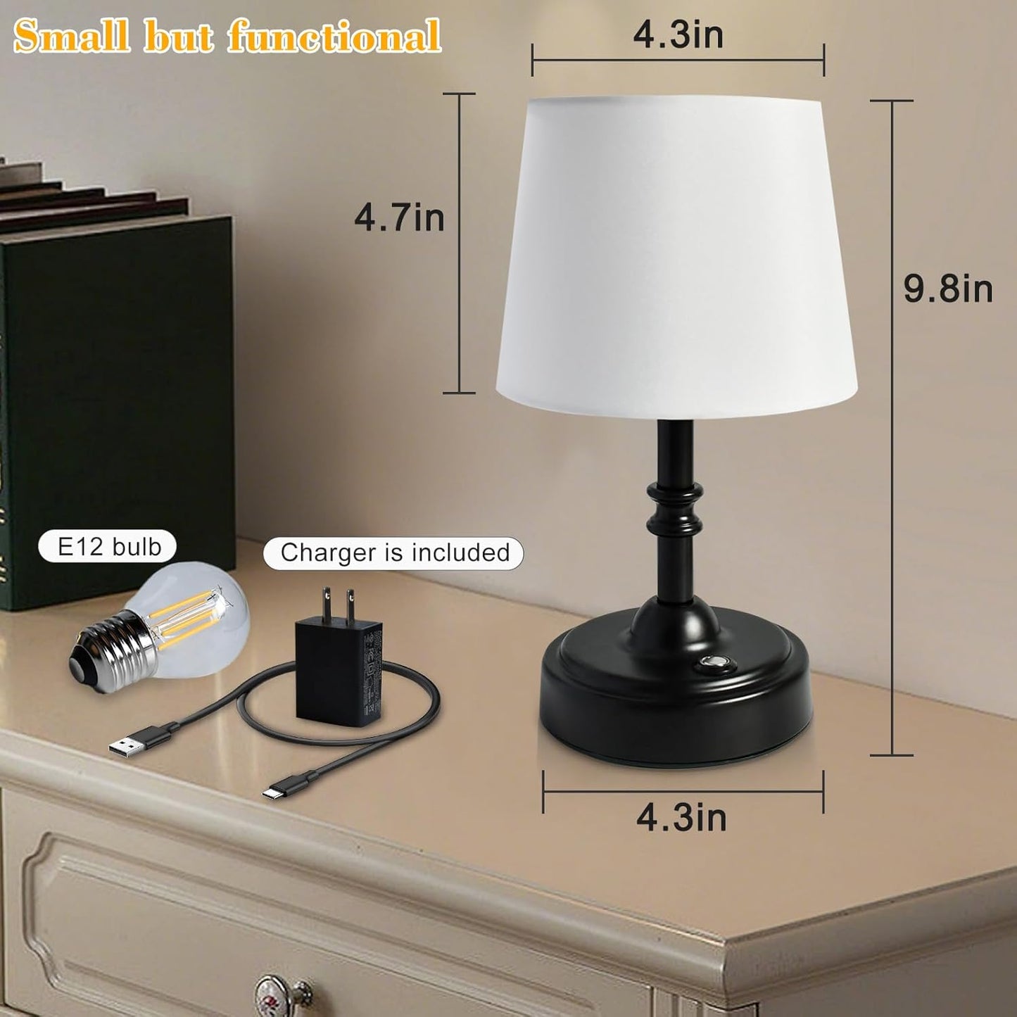 Cordless Table Lamp, 4000mAh Rechargeable Battery Operated Lamp, 3-Level Brightness Touch Small Lamps for Bedroom Living Room Bedside Bathroom Ambient Lighting Desk Lamp Cute Home Decoration(Black)