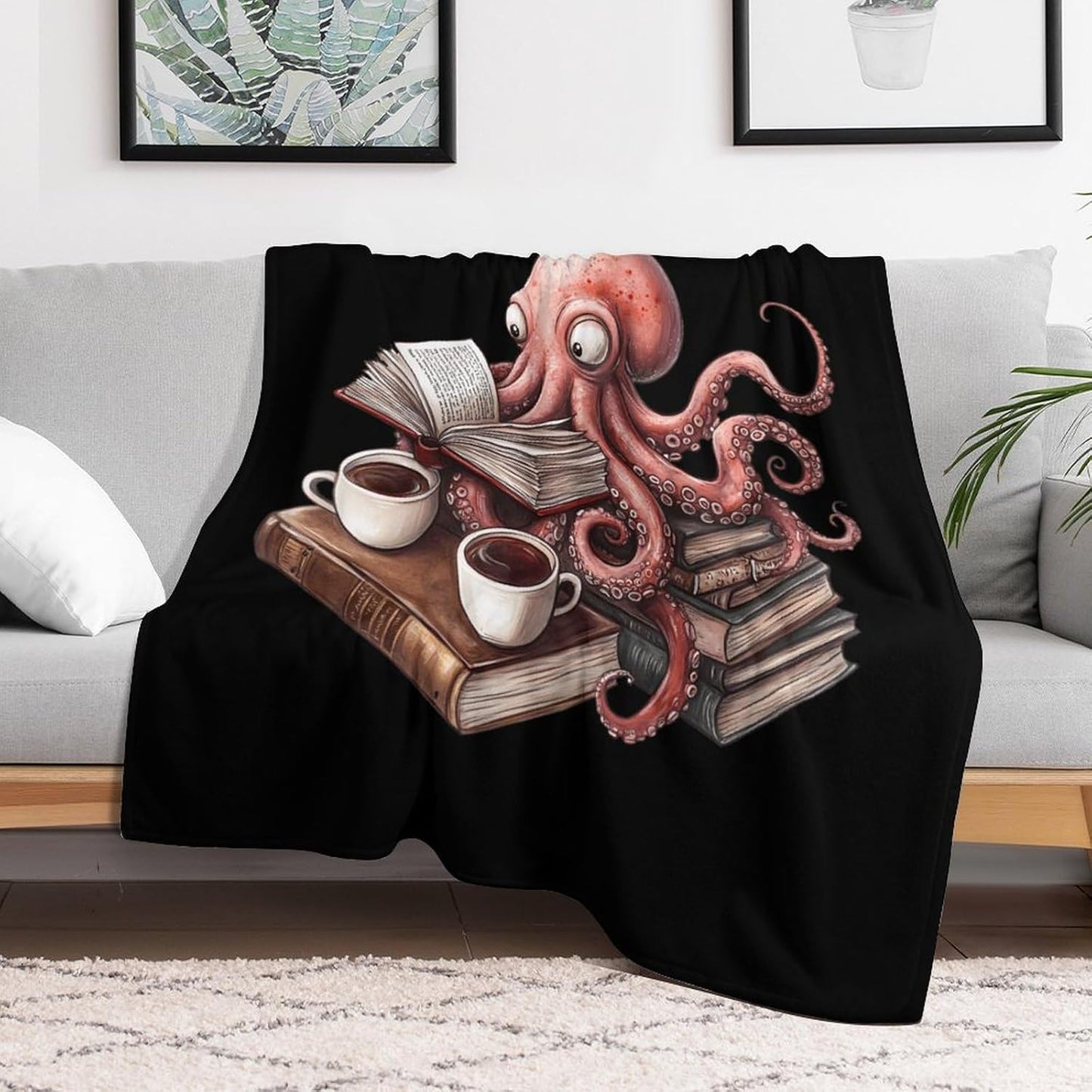 Octopus Reading Book Coffee Flannel Blanket Cozy Fuzzy Plush Throw Blankets for Couch Bed 40"*50" （100 * 130cm）