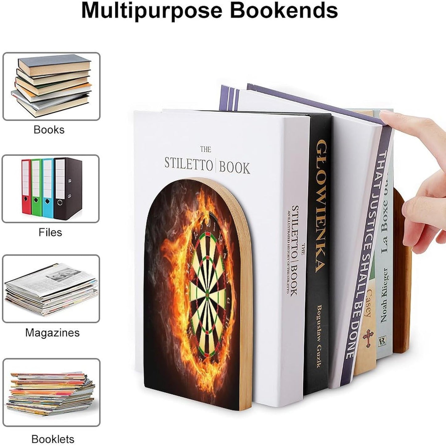 Dart Board Wooden Bookend Non-Slip Book Ends Heavy Duty Book Stopper with Metal Base Books Holderd Decorative Bookends Stands Firmly for Office Supplies
