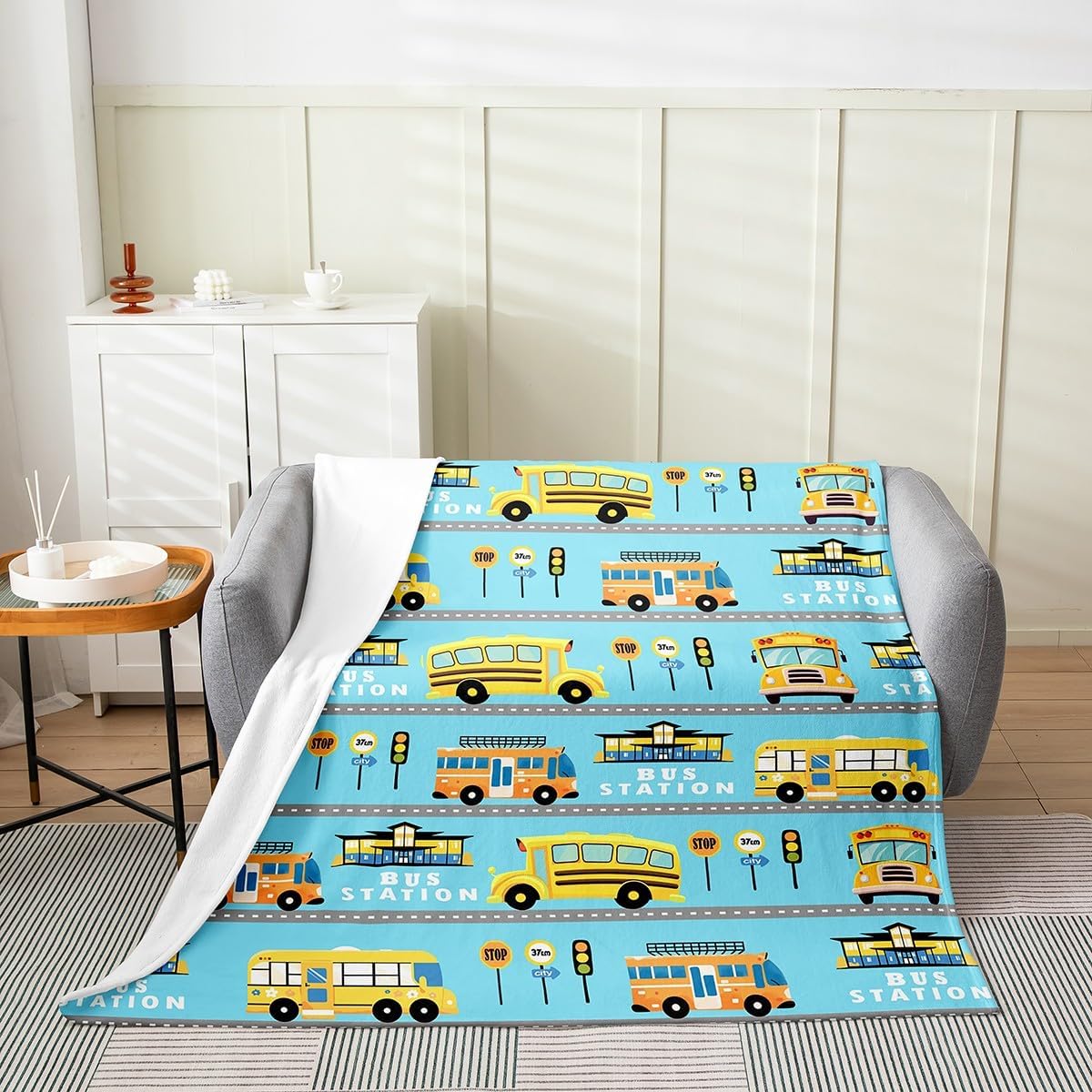 Feelyou School Bus Pattern Plush Throw Blanket, Baby 30"x40" Kids Construction Vehicles Flannel Fleece Blanket for Boys Teens Cartoon Car All Season,Bed Blanket Construction Site Cars Room Decor