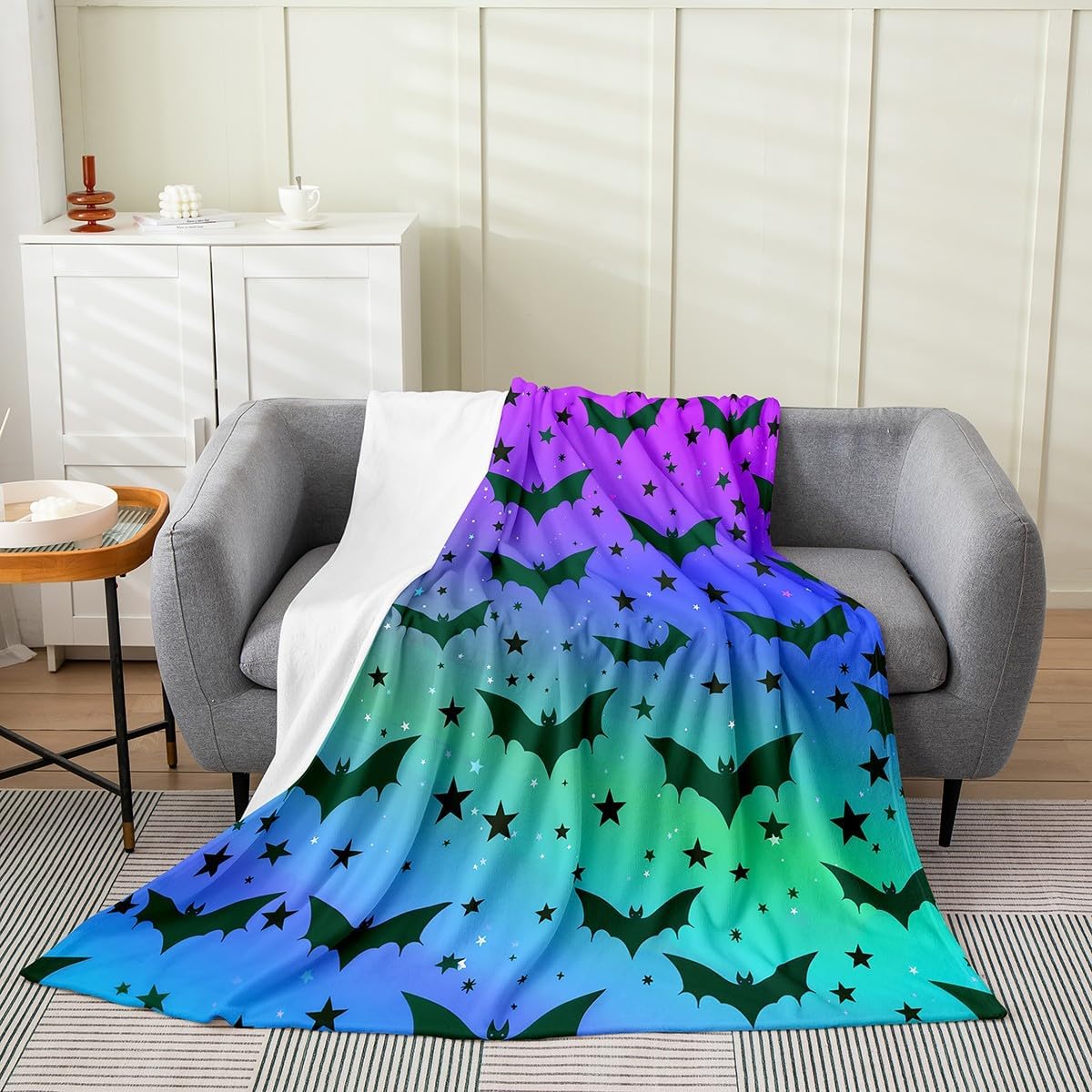 Erosebridal Bats Blanket Twin 60x80, Animals Stars Halloween Kids Adults Throw Blanket For Bed Sofa, Rainbow Gradient Printed Luxury Soft Fleece Blanket, Purple Blue Festival All Seasons Fuzzy Blanket