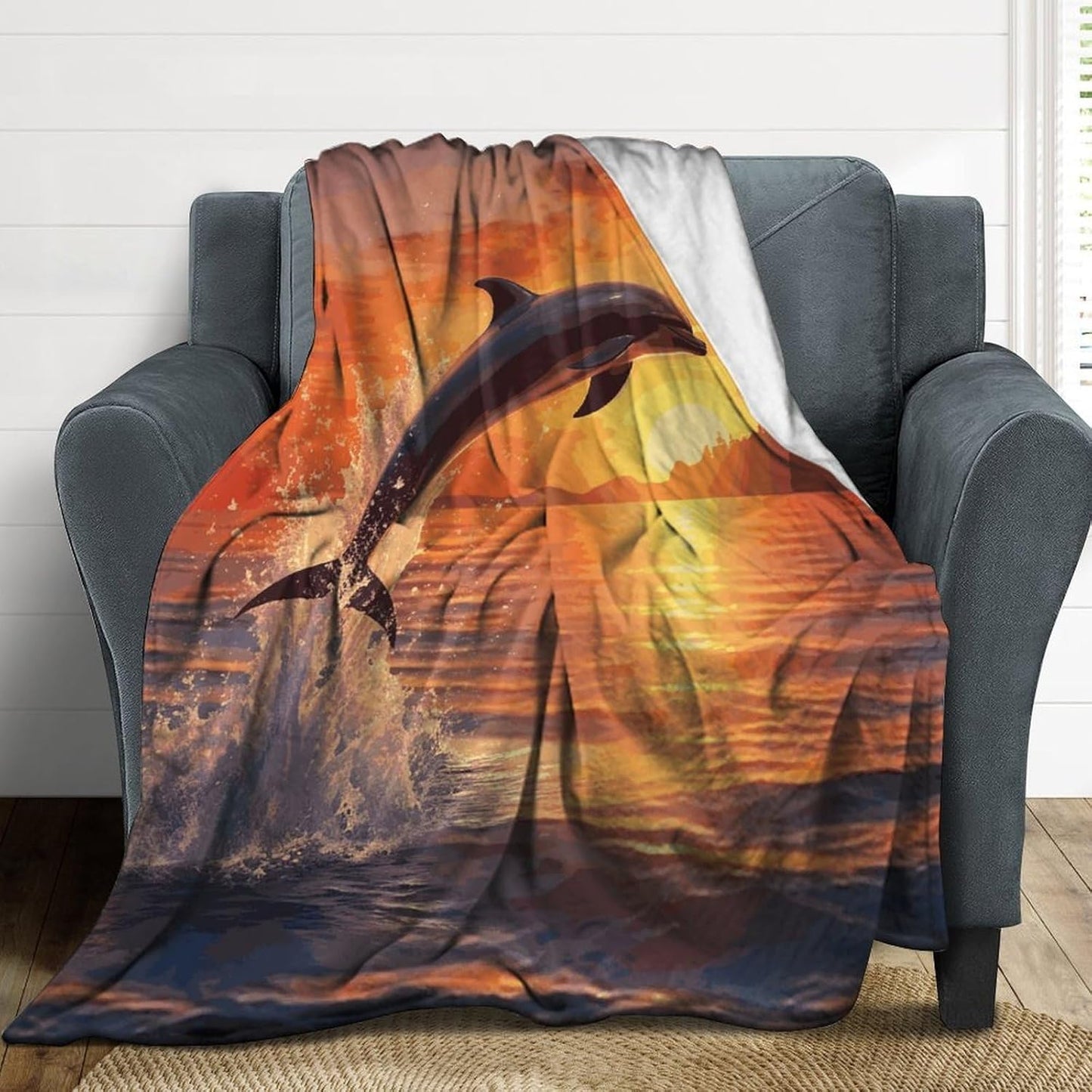 Sunset Dolphin Blanket Super Soft Lightweight Throw Blanket Cute Cozy Warm Bed Blanket Decorative Fuzzy Blanket All-Season Home Decor Gift for Sofa Couch Living Room 30"*40"（76 * 100cm）