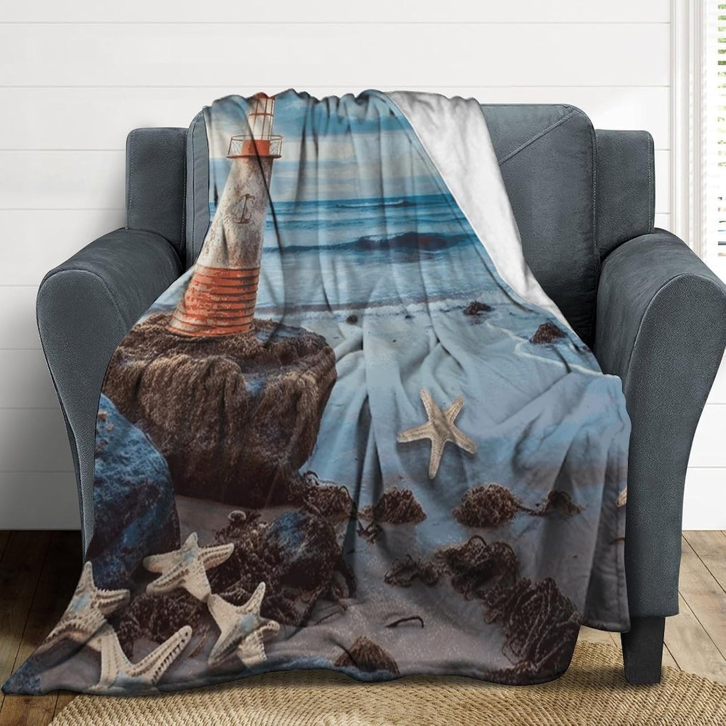 Starfish Lighthouse Beach Blanket Super Soft Lightweight Throw Blanket Cute Cozy Warm Bed Blanket Decorative Fuzzy Blanket All-Season Home Decor Gift for Sofa Couch Living Room 50"*60"（130 * 150cm）