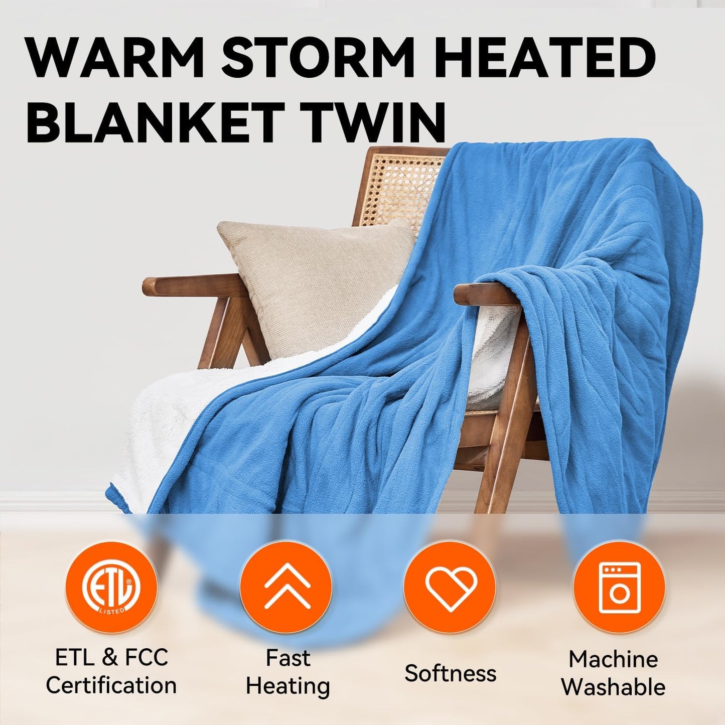 Warm Storm Electric Blanket Twin Heated Blanket Sherpa&Polar Fleece 10 Heating Levels 12 Hours Auto Off Machine Washable Blue 62"x 84"