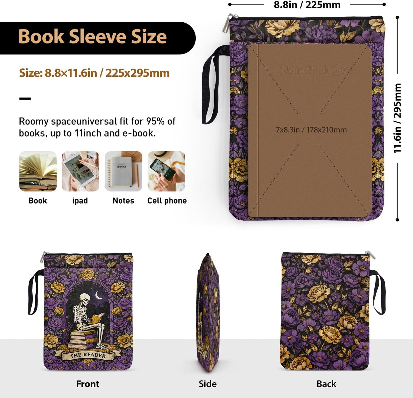Gothic Skeleton Purple Garden Book Sleeve Pouch for Book Lovers, Fantasy Novel Reader Gifts for Reader Writer, Tarot Bookcovers Protector for Paperbacks with Handle, Reading Accessories for Student