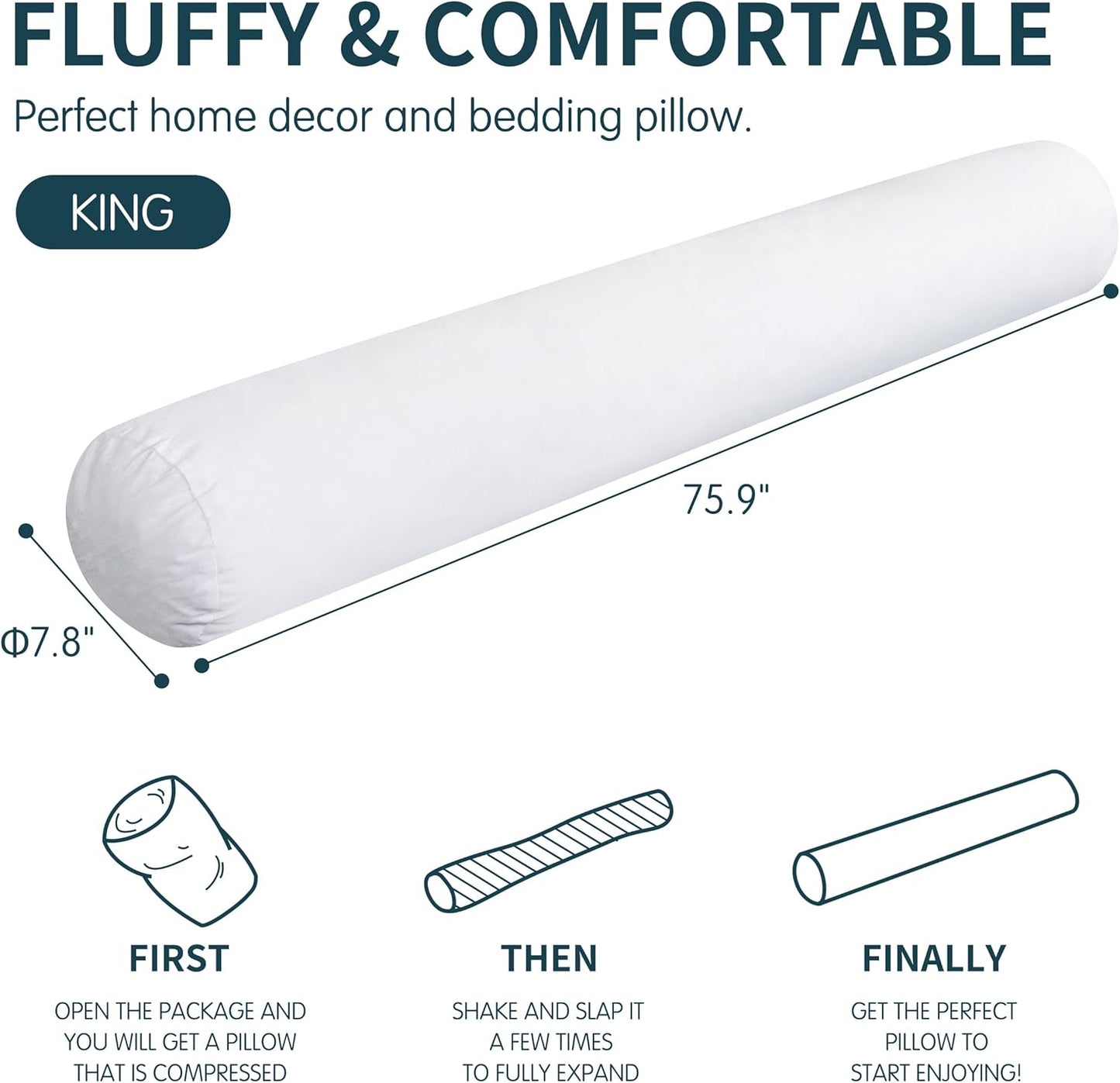 SyMax 7.8"x76" Body Pillow for King Bed, Long Round Body Pillow for Adults, Memory Foam Bolster w/Removable Velvet Cover, Headboard Gap Filler Pillow, White