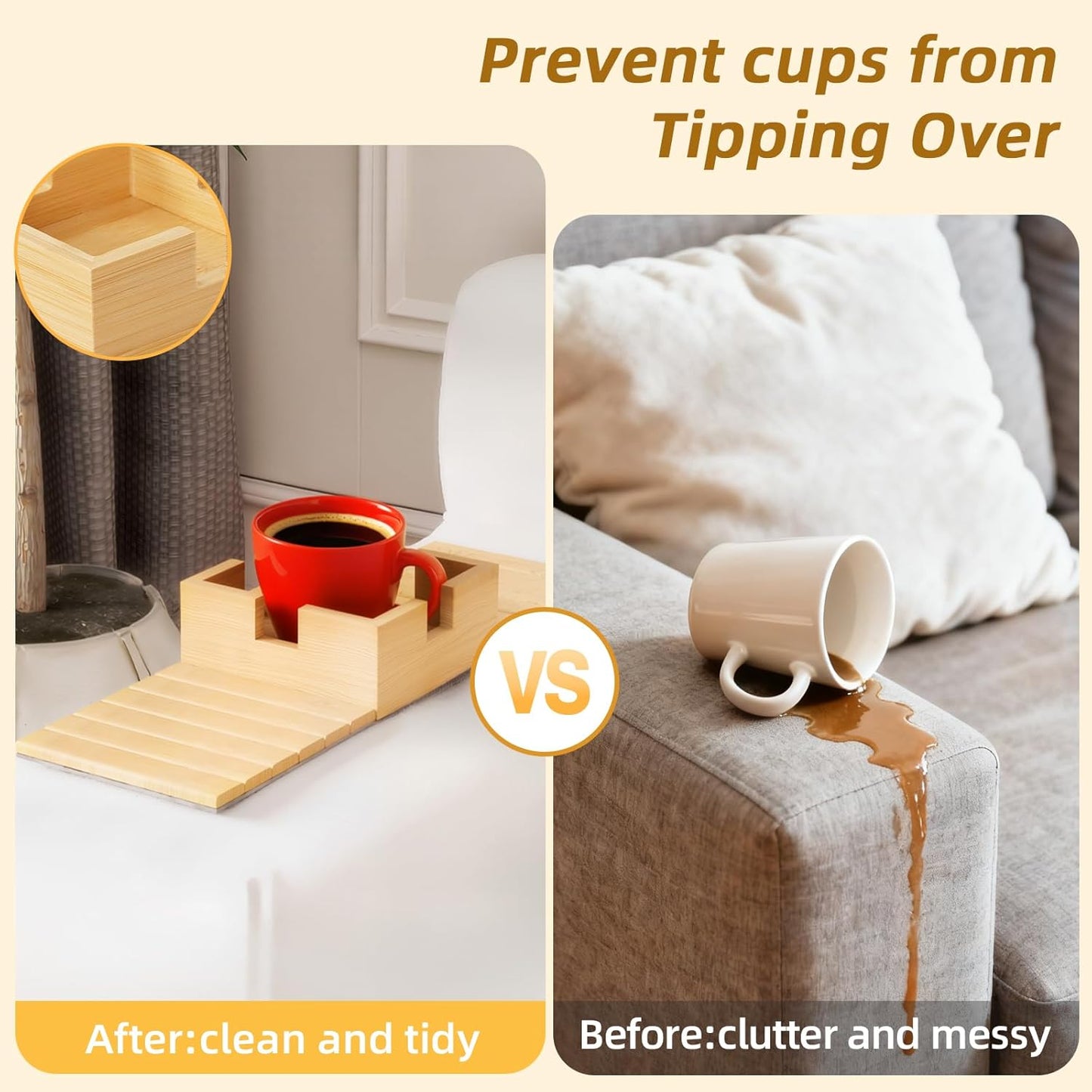 Bamboo Couch Cup Holder & Armrest Tray - Extend Your Comfort with a Secure Drink Slot and Snack Space for Recliner, Loveseat, or Sofa (Large)