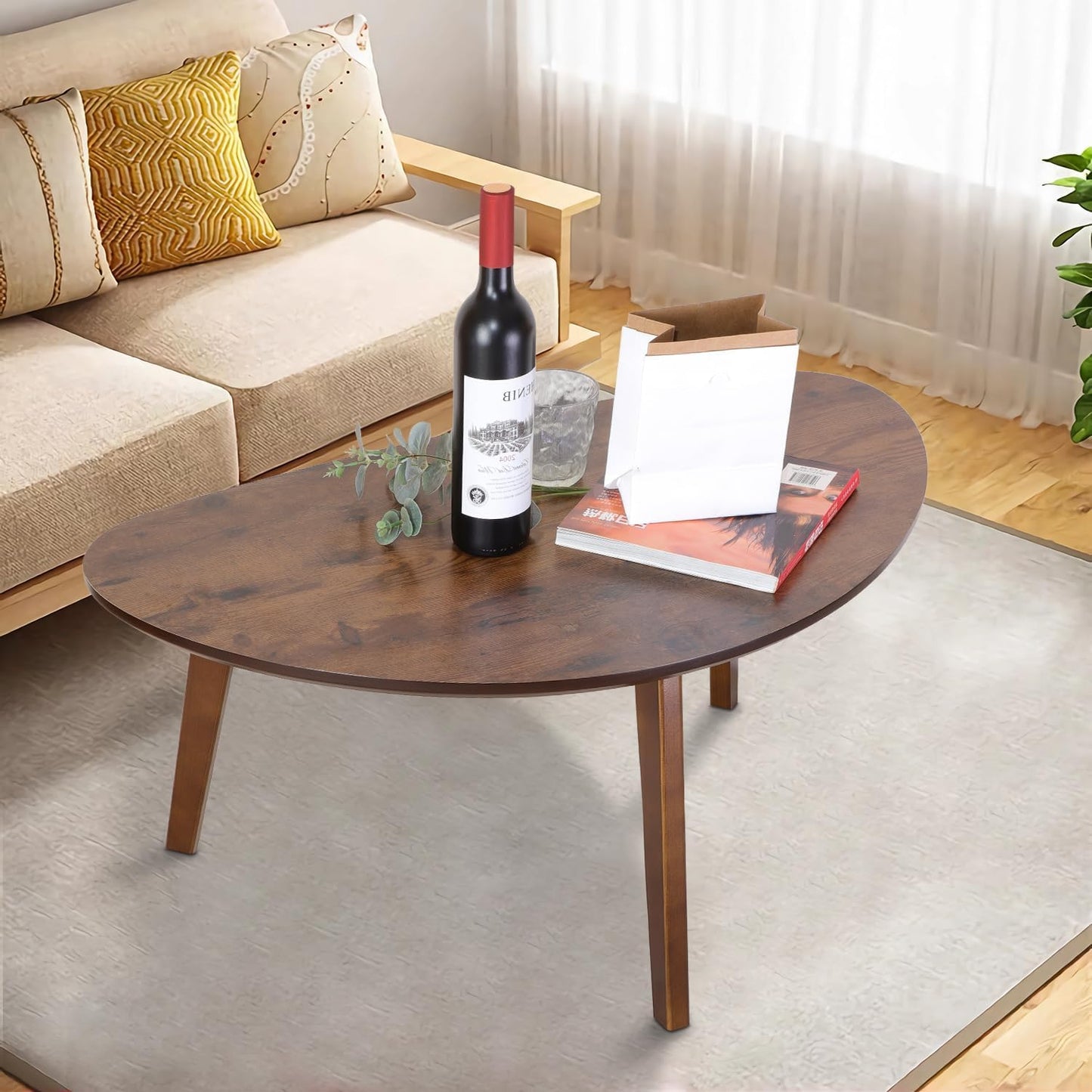 Large Oval Coffee Table Wood Mid Century Modern Unique Retro Farmhouse Contemporary Triangle Table for Living Room, Bedroom Office 19" D x 34" W x 16" H